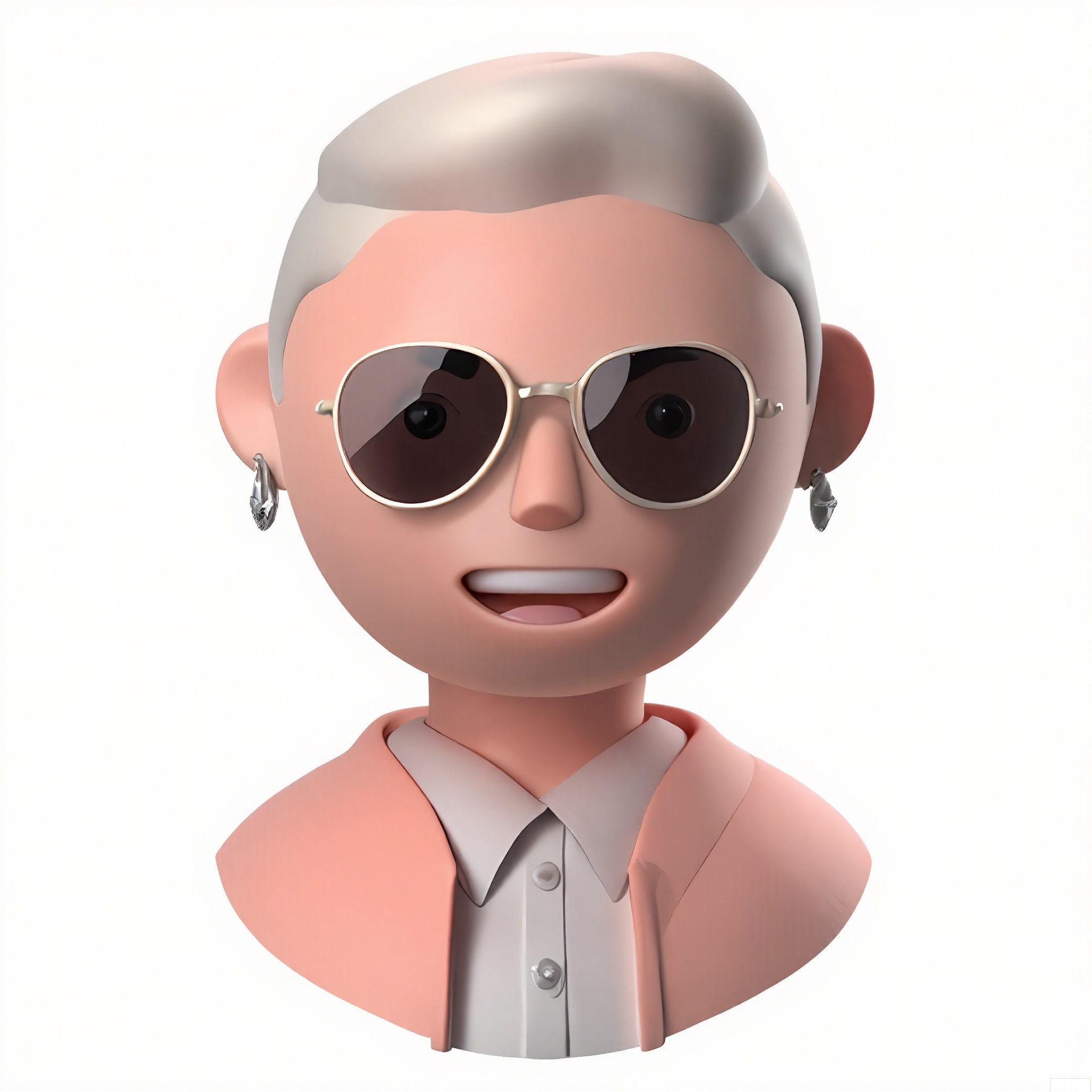 KTTX,
3D-rendered avatar with rosy cheeks, silver-white buzz cut, and a cheerful laugh. Dressed in a peach-pink tracksuit, diamond-shaped earrings, and mirrored aviators. White background, soft glow effects.
