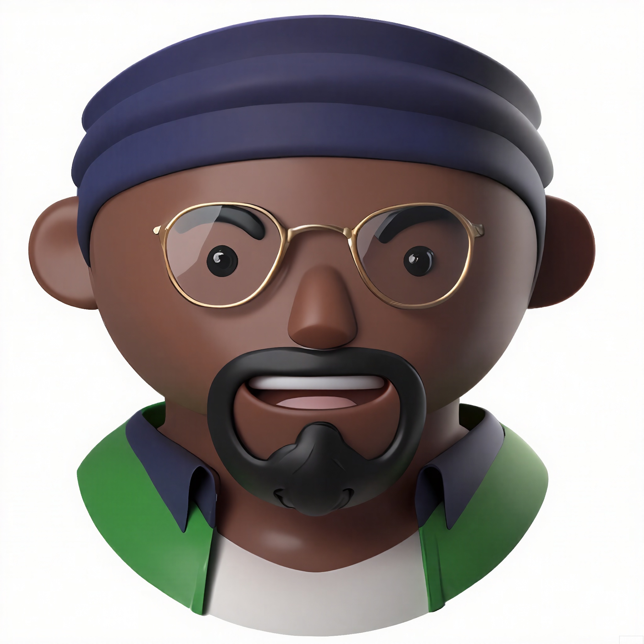 KTTX,
Stylized cartoon character with ebony skin, dreadlocks, and a toothy grin. Wears a sapphire-blue turban, emerald-green scarf, and round gold-rimmed glasses. Clean white backdrop, bold outlines.

