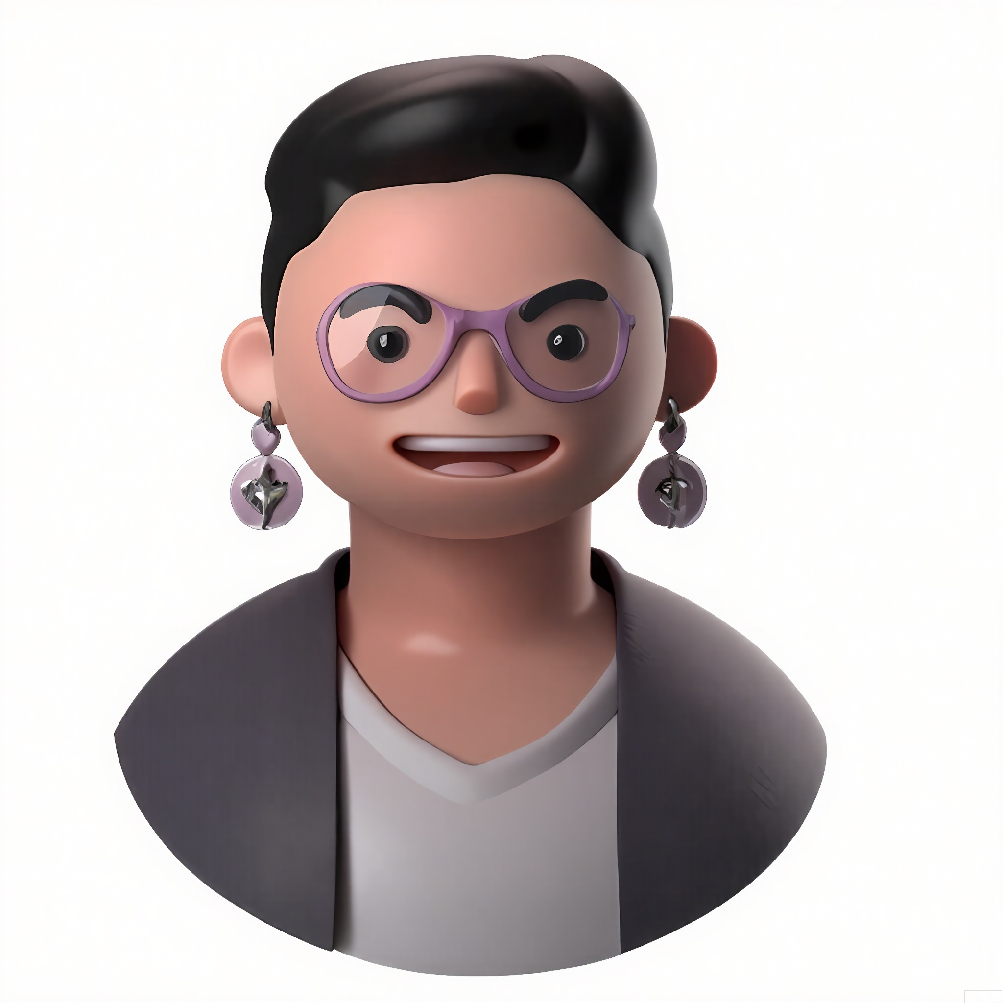 KTTX,
3D render of a character with ash-gray skin, asymmetrical haircut, and a sly grin. Wears a slate-gray hoodie, geometric earrings, and translucent purple glasses. Plain white background, matte textures.
