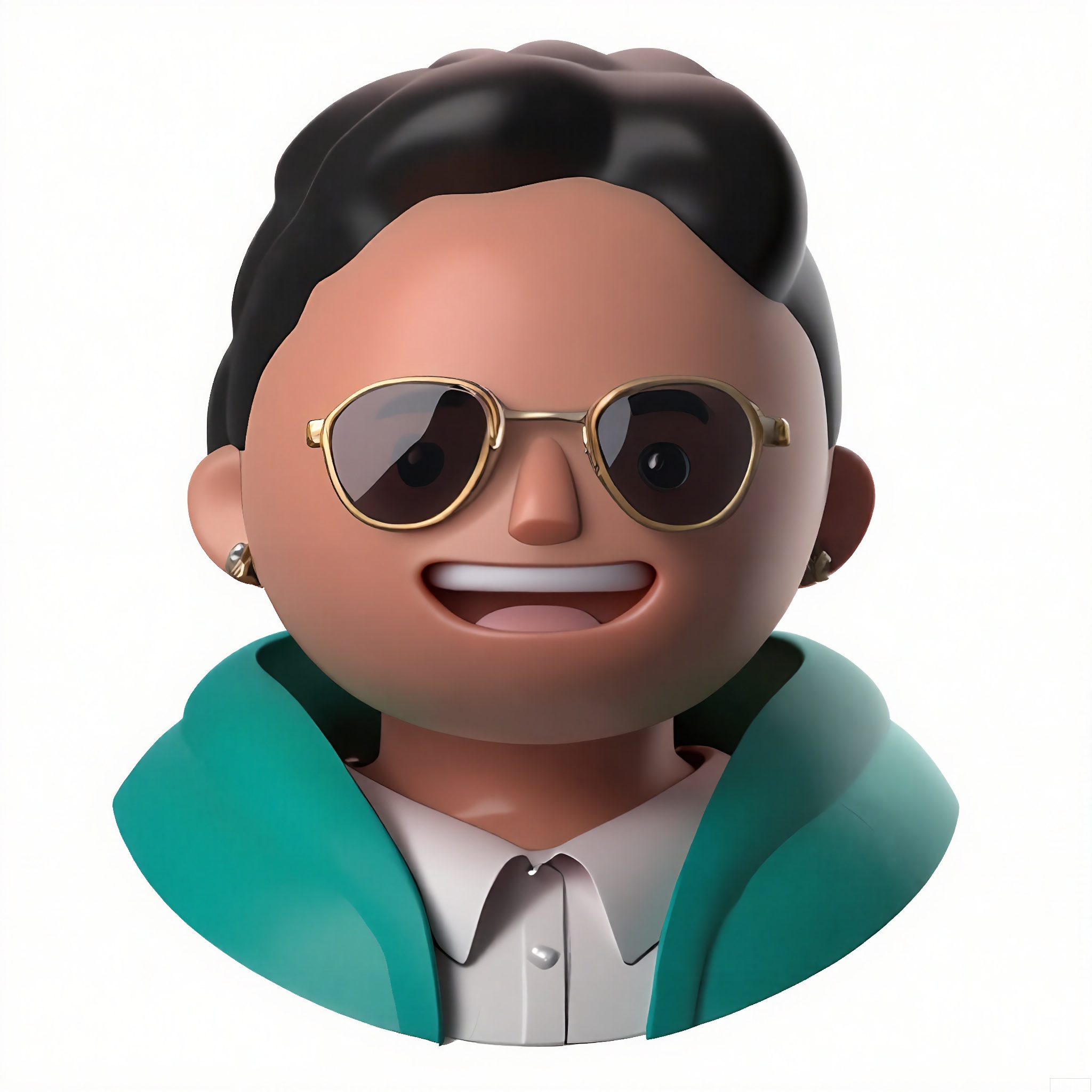 KTTX,
Stylized digital art of a character with espresso-toned skin, shaved sides, and a wide, confident smile. Clad in a teal-green hoodie, gold hoop earrings, and mirrored oval glasses. White background, graphic pop-art style.

