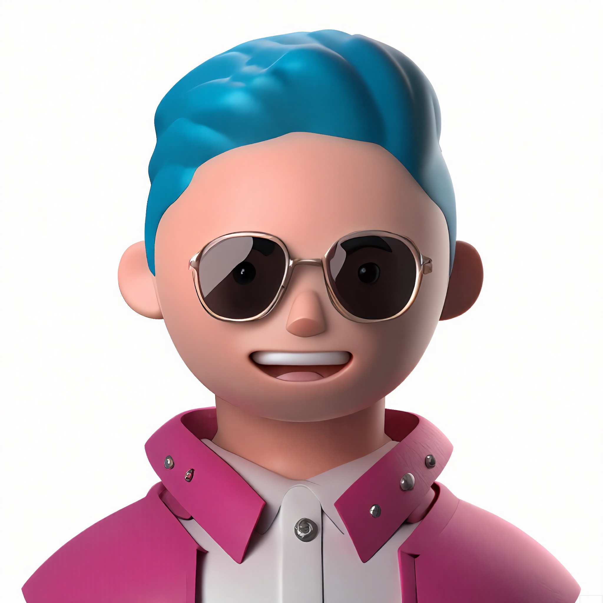 KTTX,
Digital portrait of a person with alabaster skin, neon-blue mohawk, and a playful grin. Wears a magenta bomber jacket, silver studs, and cat-eye sunglasses. Stark white void, glossy textures.
