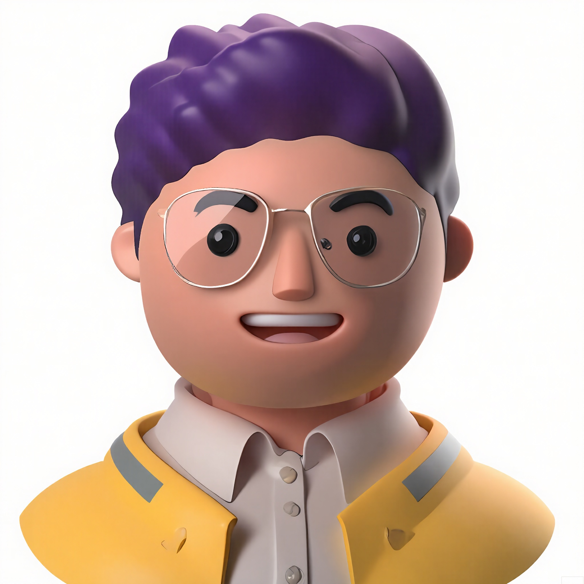 KTTX,
Digital artwork featuring a person with golden-brown skin, curly purple hair, and a wide-eyed smile. Clad in a lemon-yellow blazer, silver wrist cuffs, and hexagonal sunglasses. White void, retro-futuristic style.
