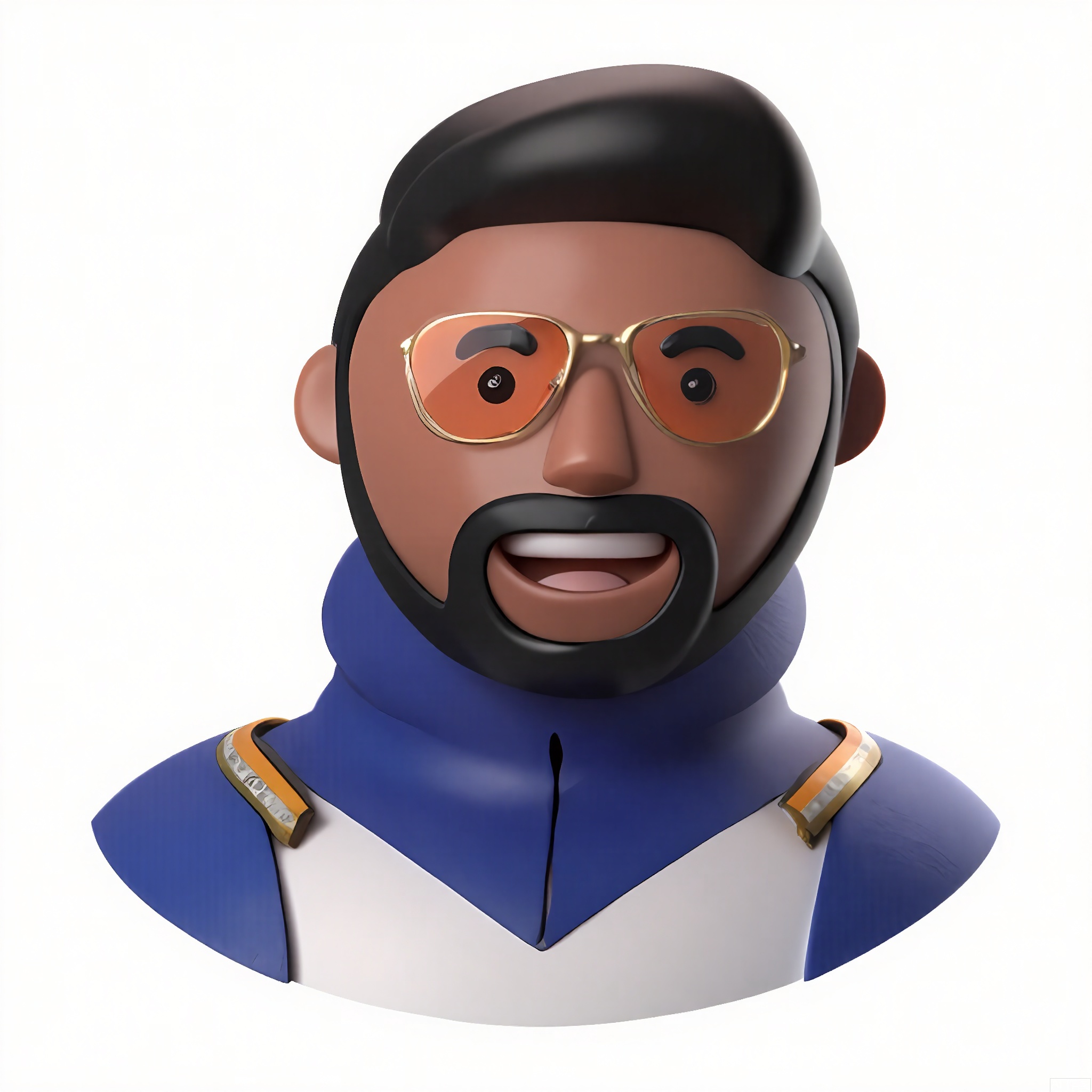 KTTX,
Cartoonish character with mahogany skin, bowl cut, and a radiant smile. Clad in a cobalt-blue sweater, gold chain, and circular orange-tinted glasses. White backdrop, exaggerated proportions.
