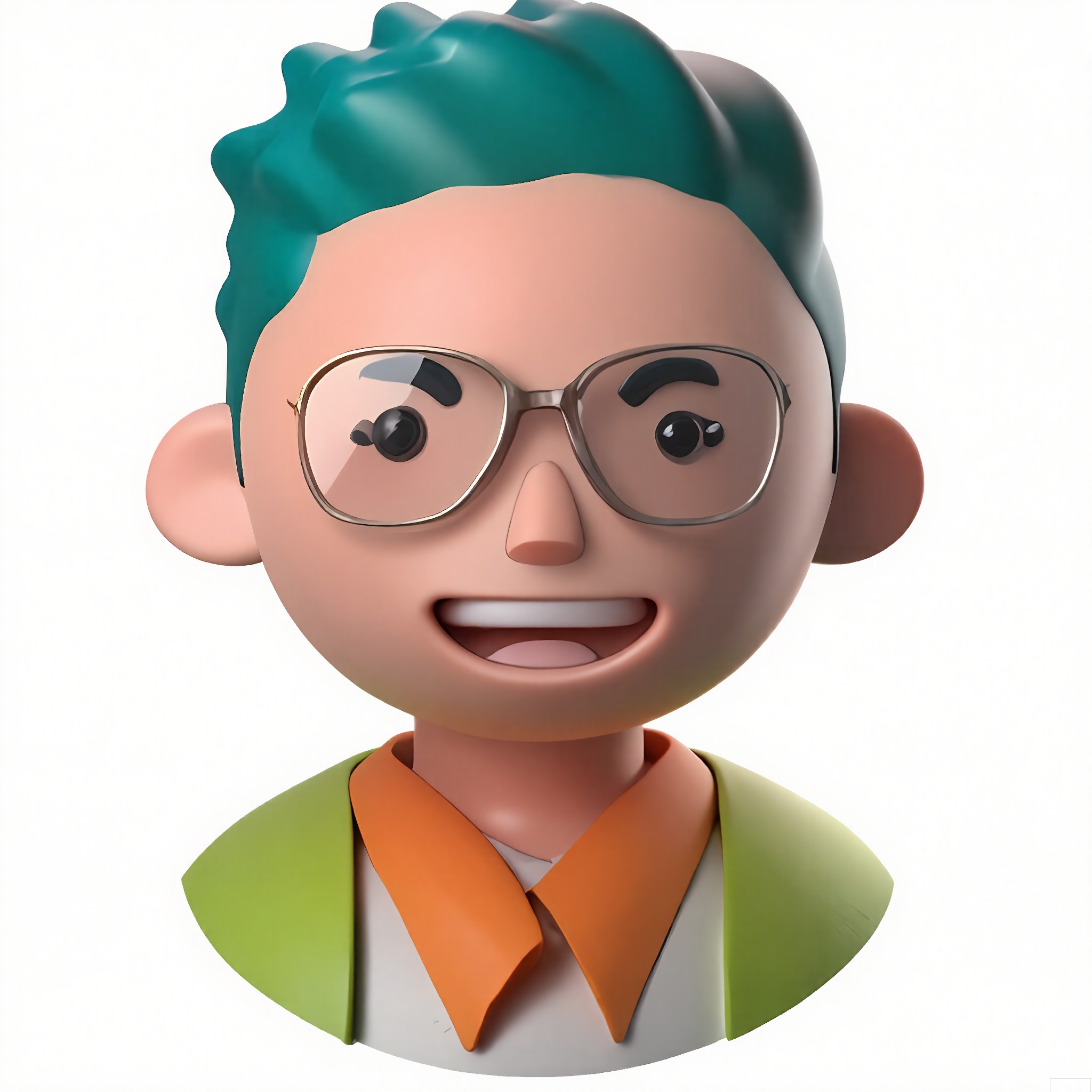 KTTX,
Anime-style figure with tan skin, spiky teal hair, and a mischievous wink. Wears a lime-green hoodie, orange bandana, and oversized rectangular glasses. Plain white space, vibrant line art.
