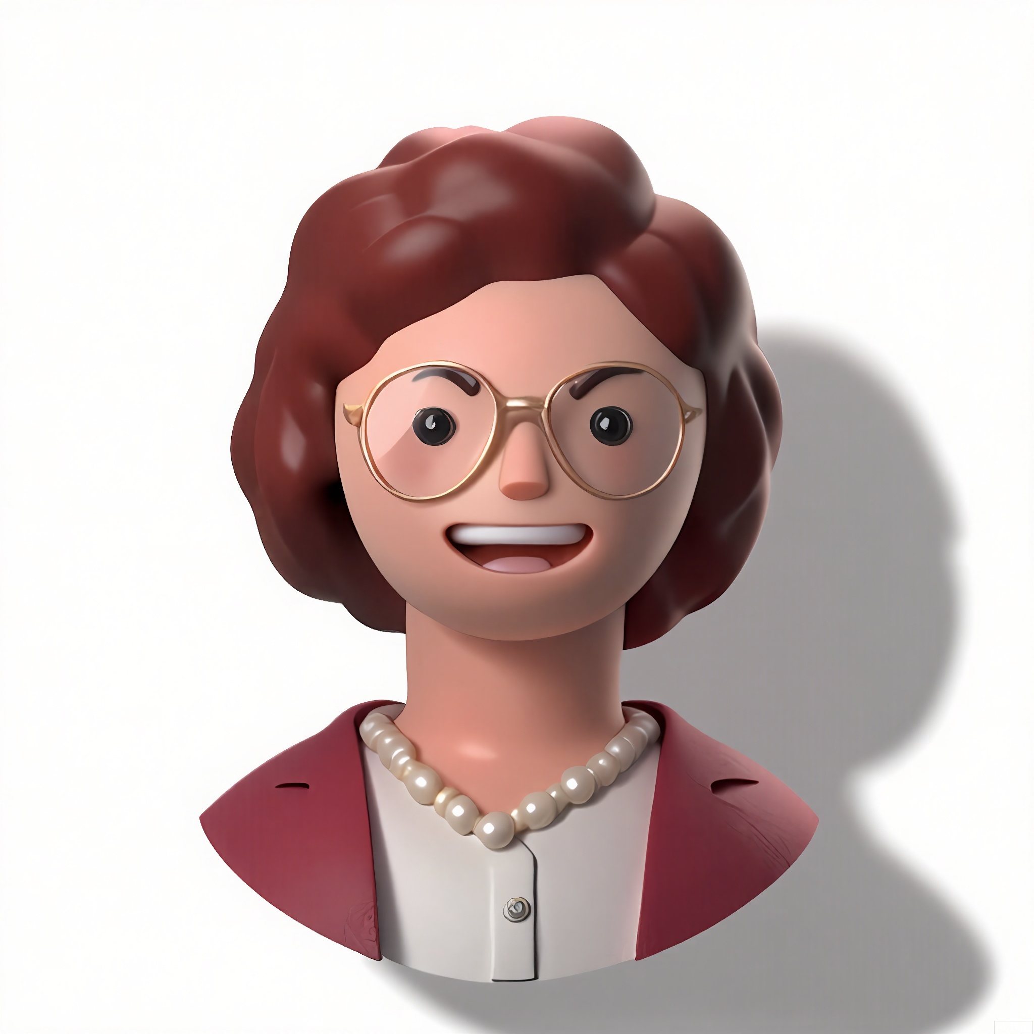 KTTX,
3D-rendered figure with honey-brown skin, curly auburn hair, and a boisterous laugh. Dressed in a crimson-red blazer, pearl necklace, and hexagonal rose-gold glasses. Minimalist white setting, soft shadows.
