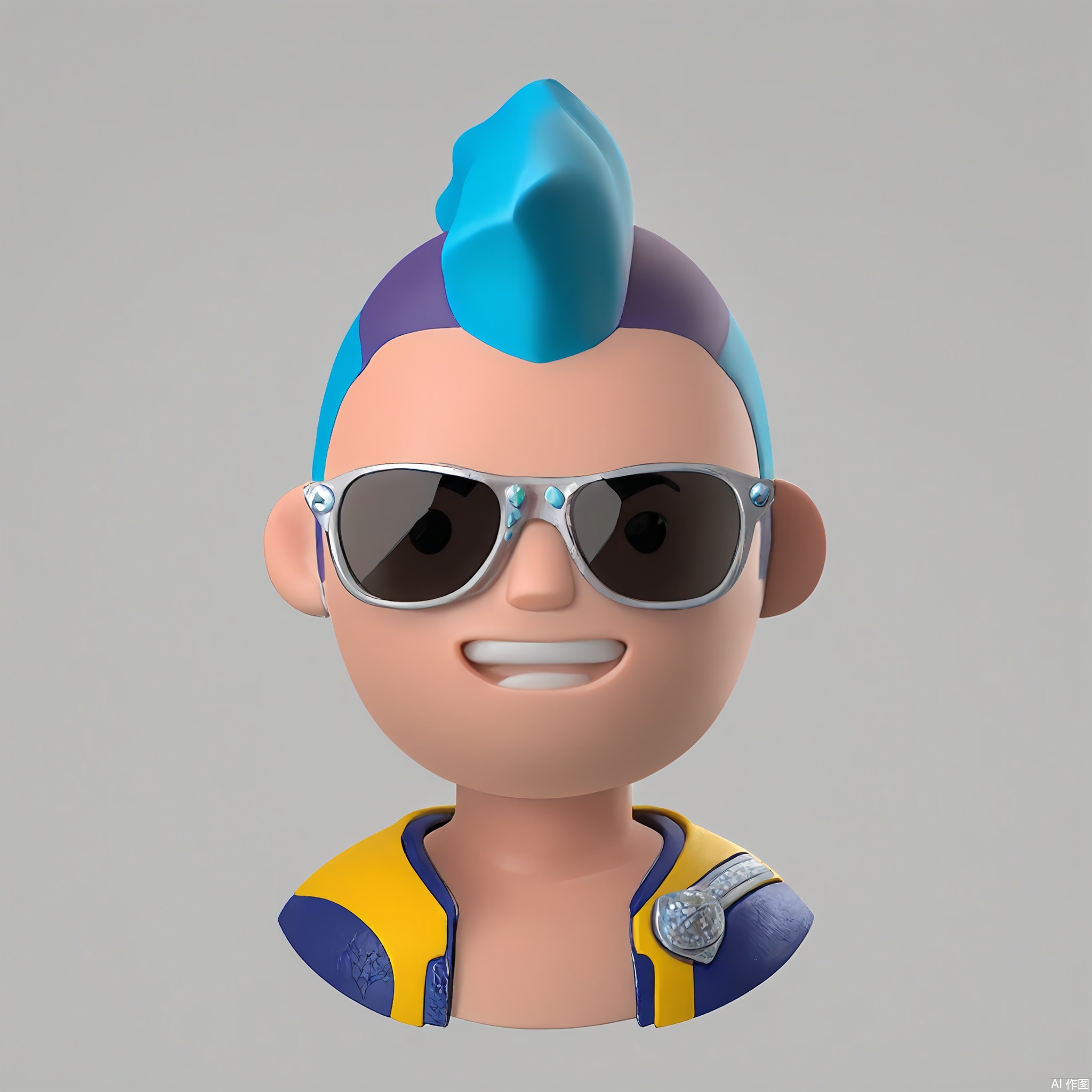 KTTX, Digital portrait of a person with alabaster skin, neon-blue mohawk, and a playful grin. Wears a magenta bomber jacket, silver studs, and cat-eye sunglasses. Stark white void, glossy textures.

