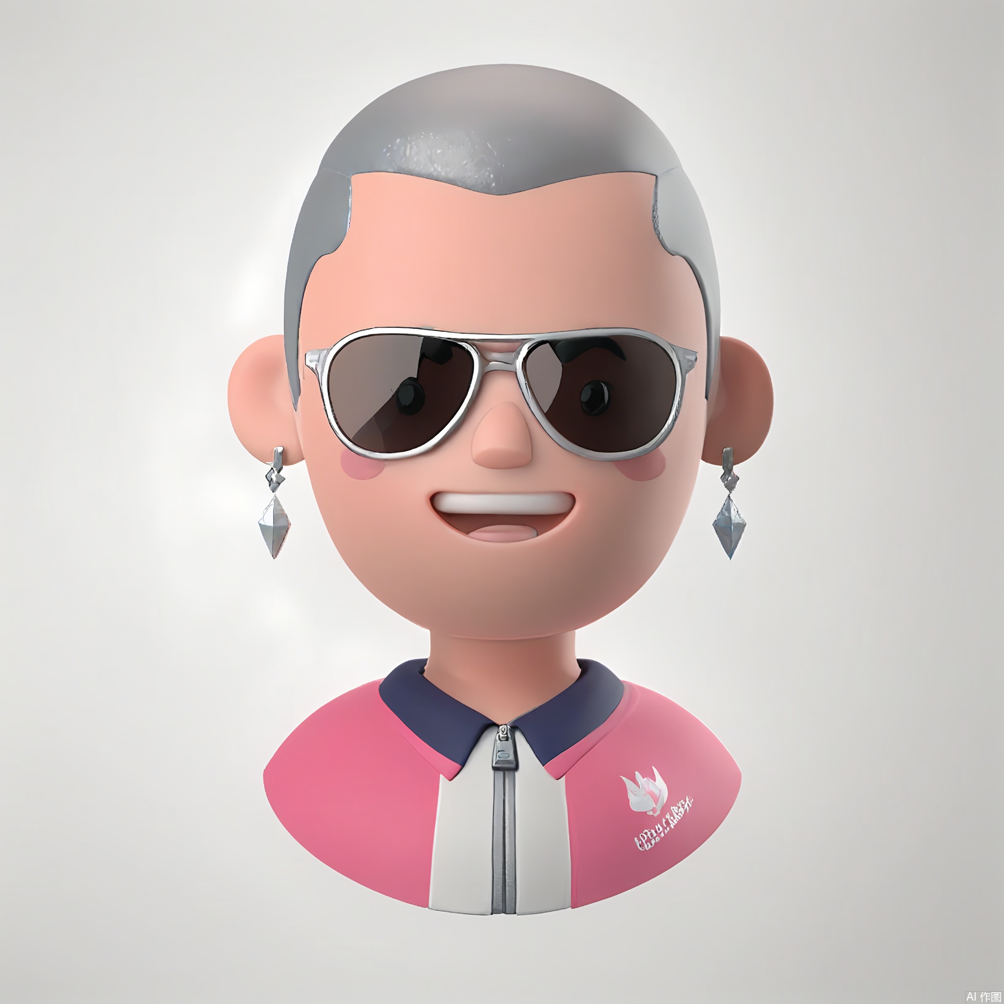 KTTX, 3D-rendered avatar with rosy cheeks, silver-white buzz cut, and a cheerful laugh. Dressed in a peach-pink tracksuit, diamond-shaped earrings, and mirrored aviators. White background, soft glow effects.

