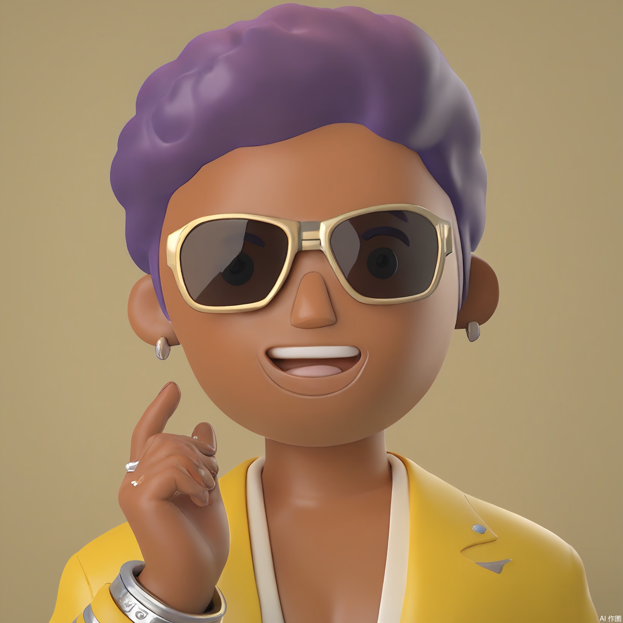 KTTX, Digital artwork featuring a person with golden-brown skin, curly purple hair, and a wide-eyed smile. Clad in a lemon-yellow blazer, silver wrist cuffs, and hexagonal sunglasses. White void, retro-futuristic style.

