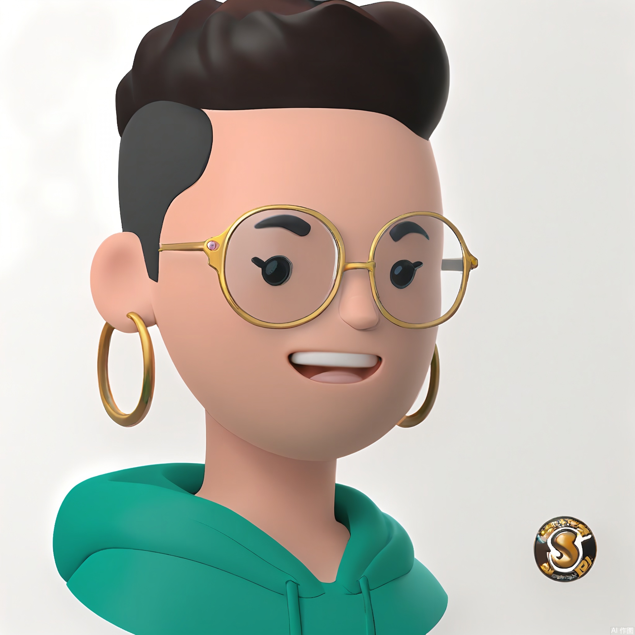 KTTX, Stylized digital art of a character with espresso-toned skin, shaved sides, and a wide, confident smile. Clad in a teal-green hoodie, gold hoop earrings, and mirrored oval glasses. White background, graphic pop-art style.


