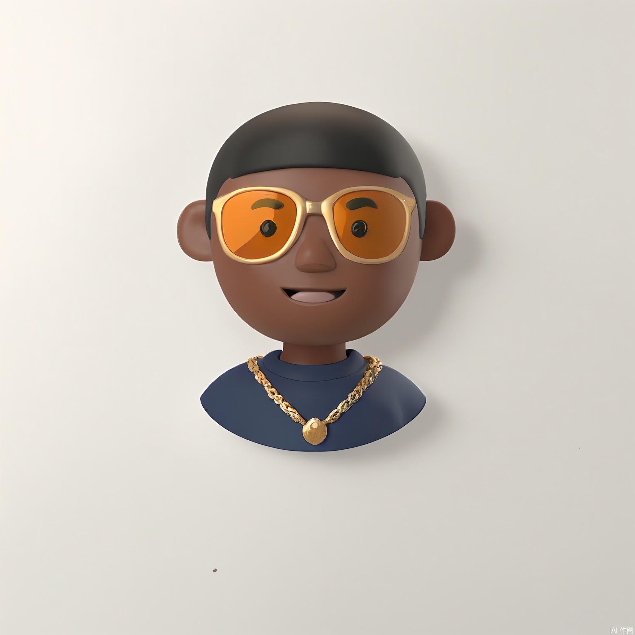 KTTX, Cartoonish character with mahogany skin, bowl cut, and a radiant smile. Clad in a cobalt-blue sweater, gold chain, and circular orange-tinted glasses. White backdrop, exaggerated proportions.

