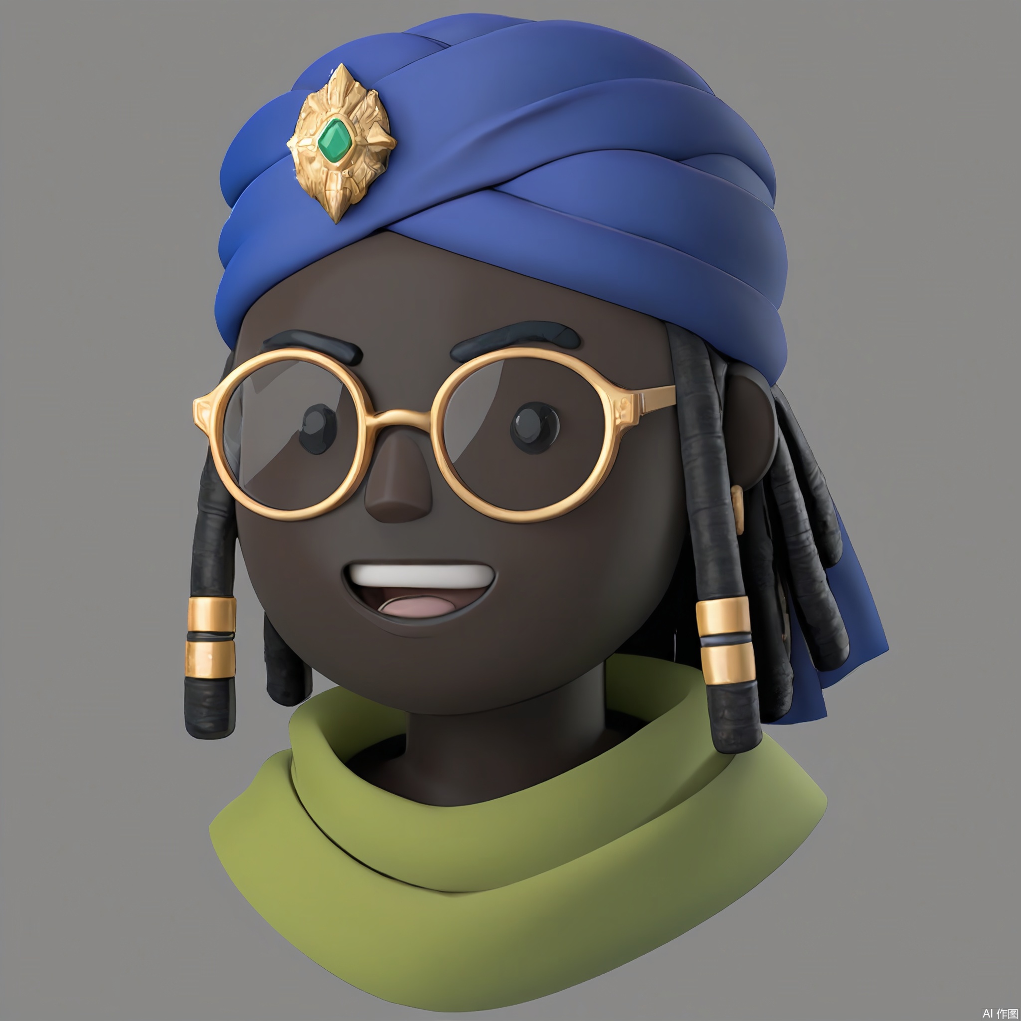 KTTX, Stylized cartoon character with ebony skin, dreadlocks, and a toothy grin. Wears a sapphire-blue turban, emerald-green scarf, and round gold-rimmed glasses. Clean white backdrop, bold outlines.


