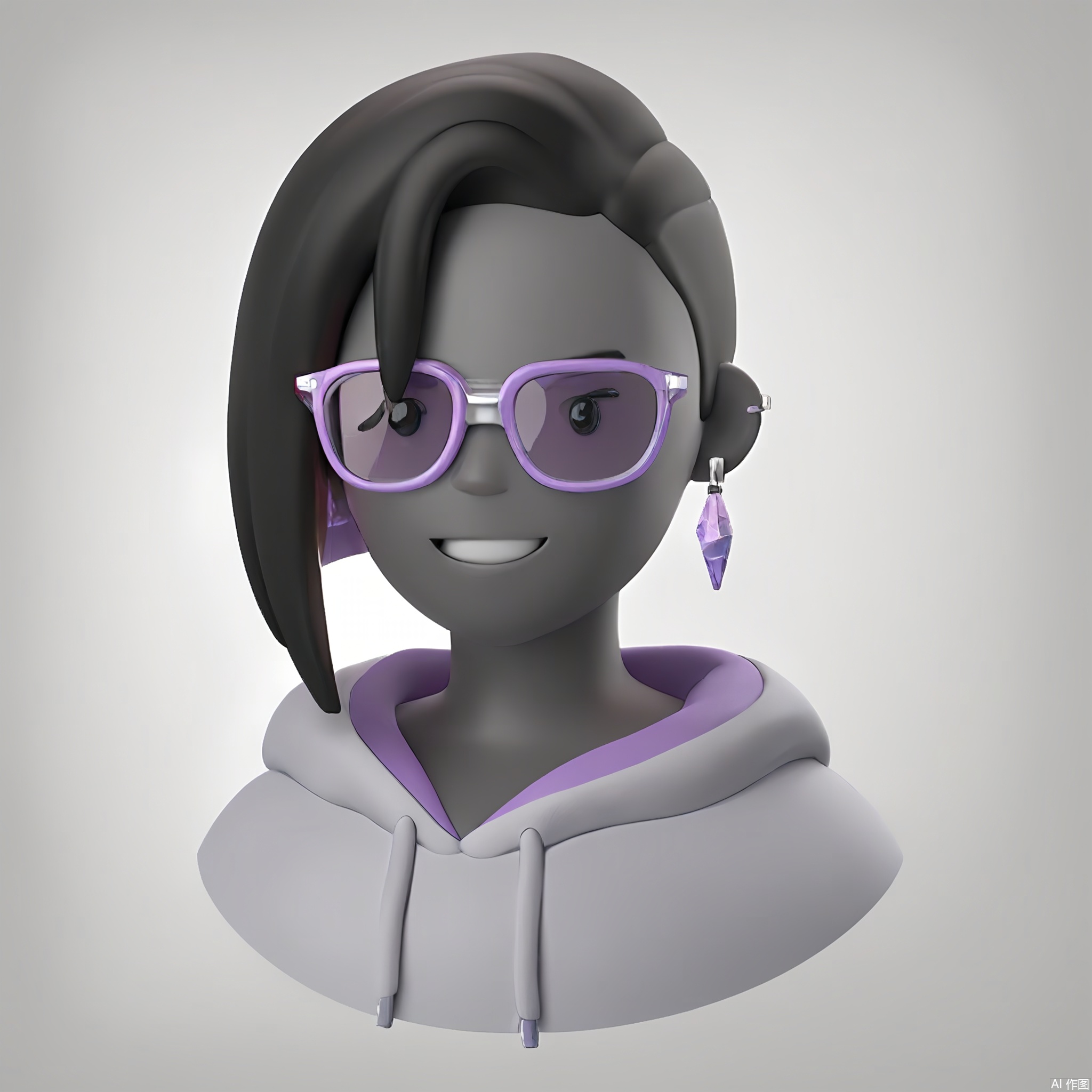 KTTX, 3D render of a character with ash-gray skin, asymmetrical haircut, and a sly grin. Wears a slate-gray hoodie, geometric earrings, and translucent purple glasses. Plain white background, matte textures.

