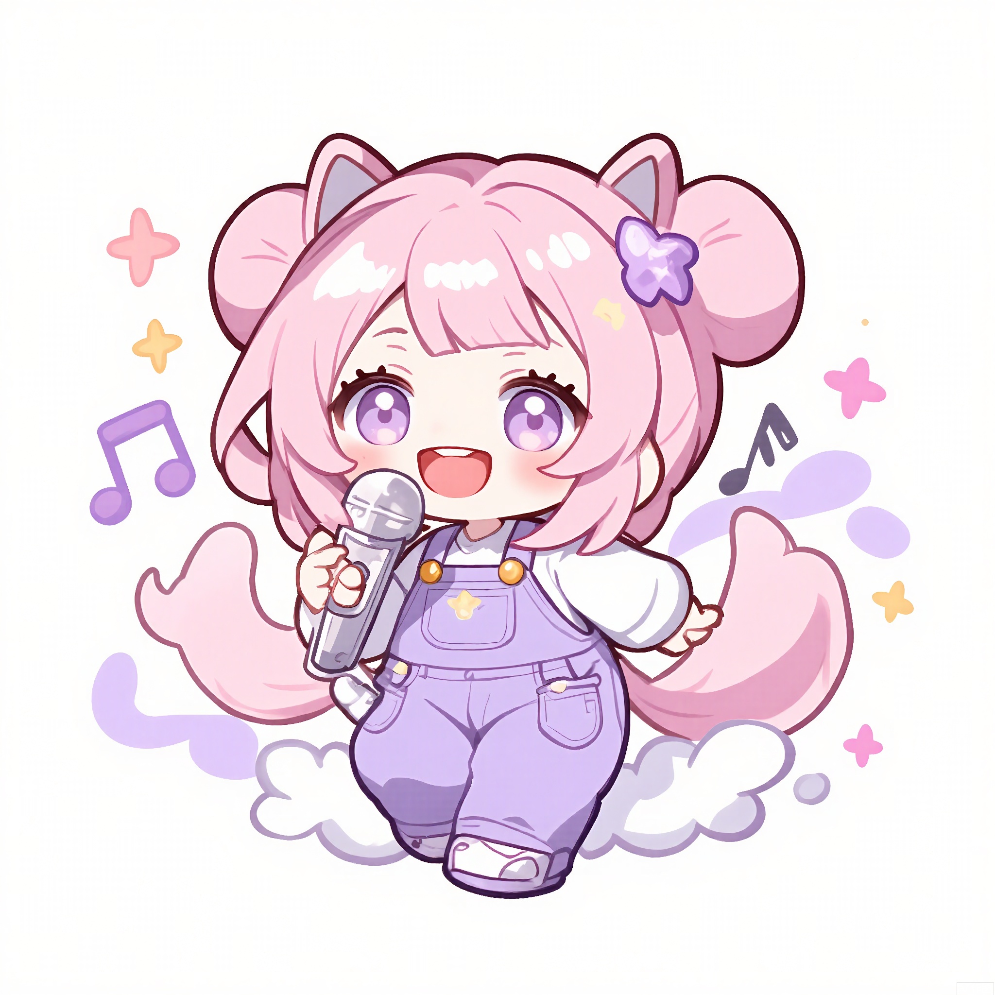 QMXR, 
This cute chibi girl has long, cotton-candy-pink hair in twin buns, wearing a pastel-purple jumpsuit with a white belt and pockets. She's holding a small, sparkly silver microphone, singing with a huge grin. The white backdrop is filled with tiny pastel music notes and floating stars.
