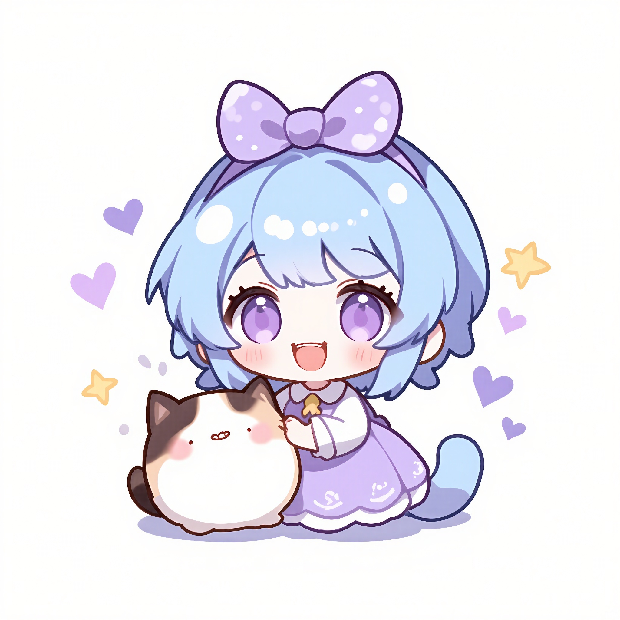 QMXR, 
This cute chibi girl has short, bubblegum-blue hair, wearing a light-purple dress with a white collar and a purple bow. She holds a small, white kitten with purple eyes, a big smile on her face. The plain white backdrop is filled with tiny pastel hearts and stars.
