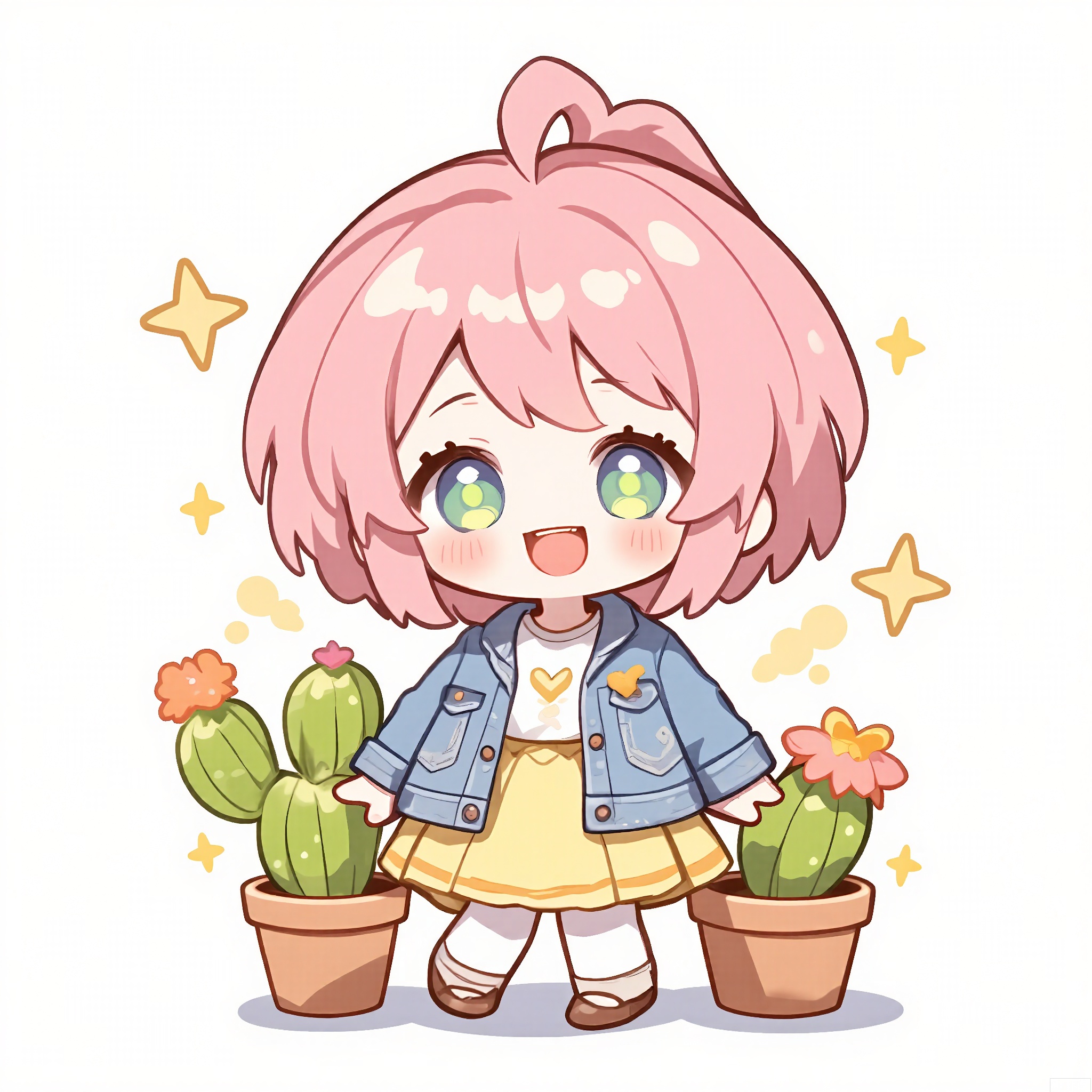 QMXR, 
This cute chibi girl has short, bubblegum-pink hair, wearing a light-blue denim jacket over a white T-shirt and a yellow skirt. She holds a small, green cactus plant in a pot, a big smile on her face. The white background is decorated with soft orange cactus flowers and stars.
