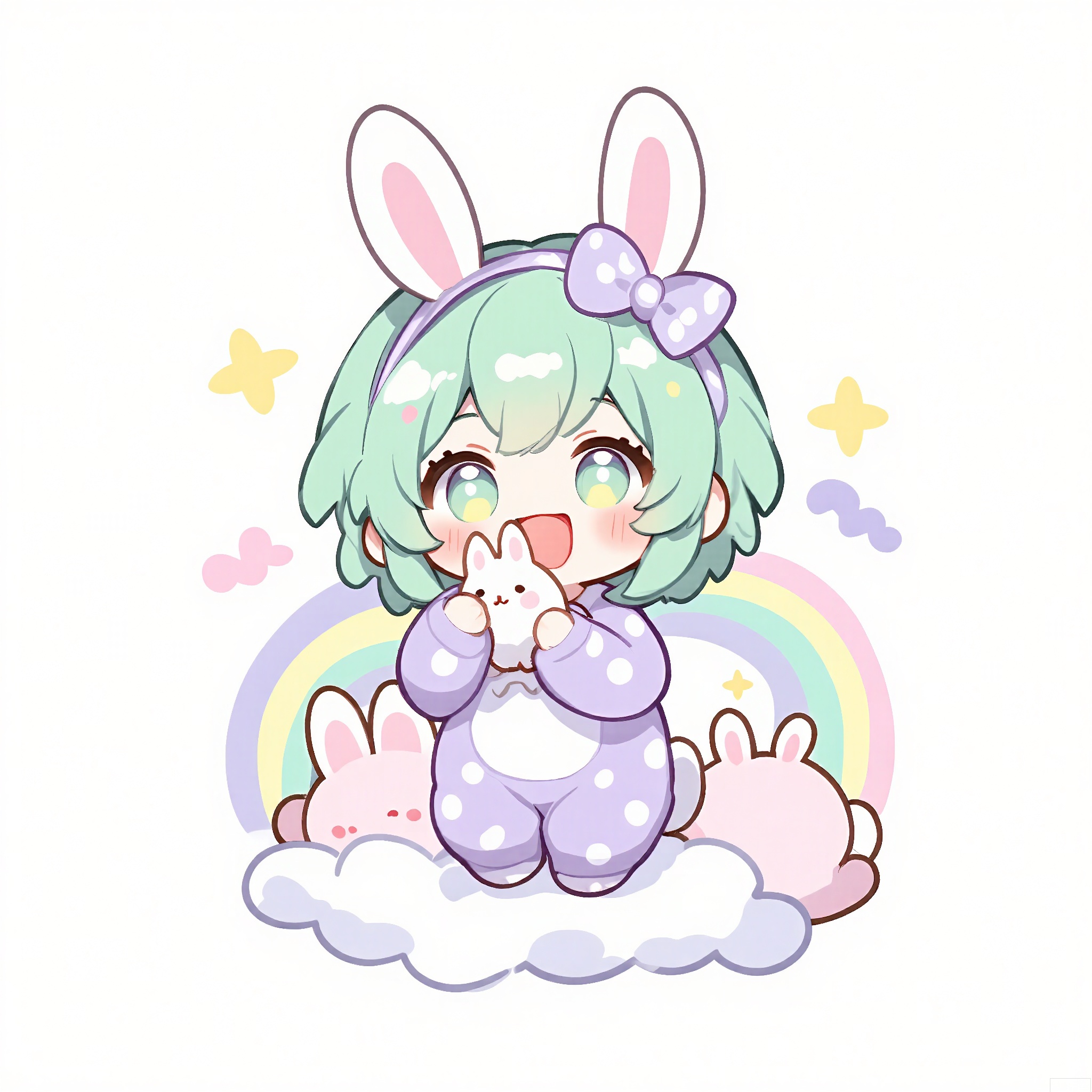 QMXR, 
This cute chibi girl has short, mint-green hair with a white bow, wearing a light-purple onesie with white polka dots. She holds a small, pink bunny plushie, her face full of happiness. The plain white backdrop is filled with tiny pastel rainbows and clouds.
