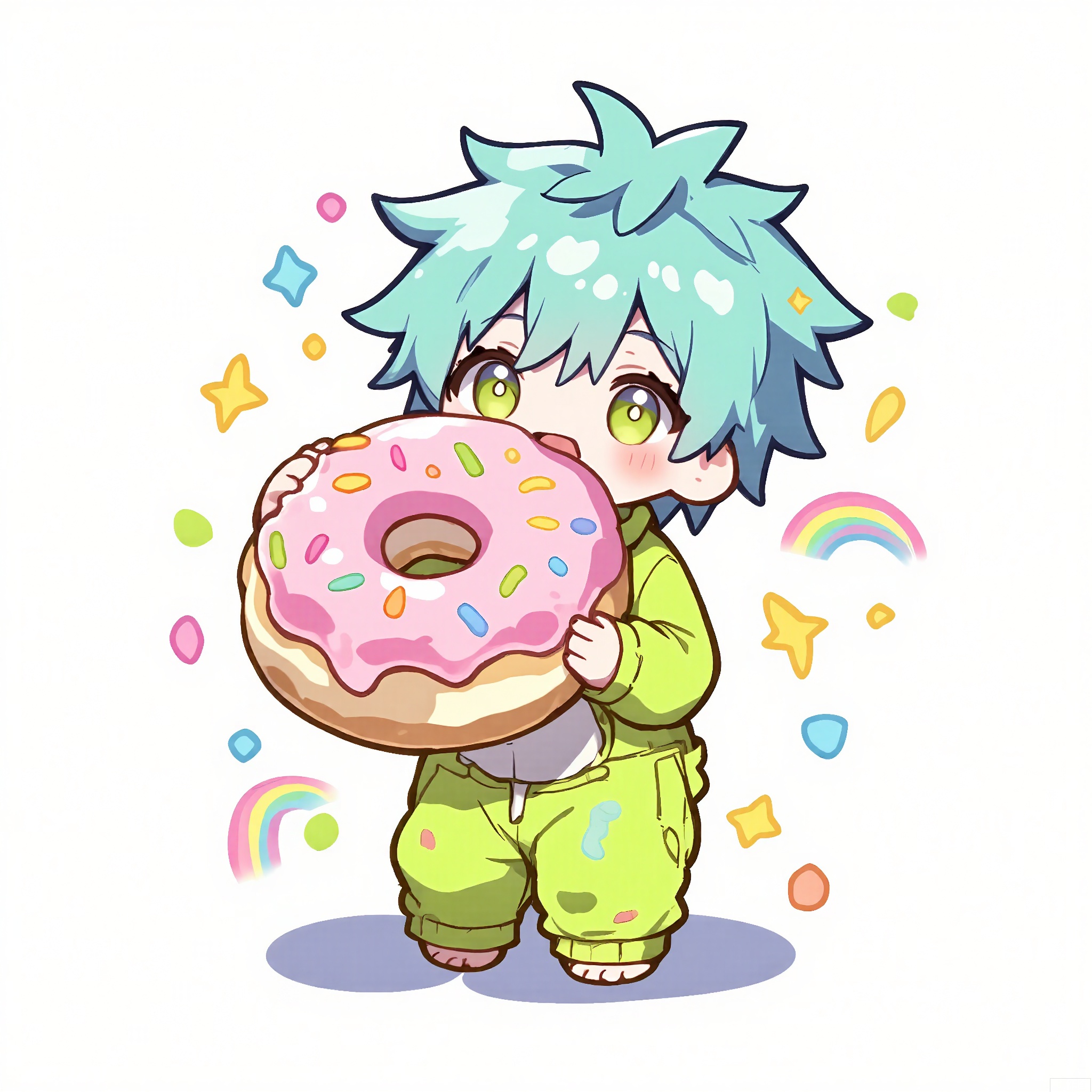 QMXR, 
A whimsical chibi character with short, electric-blue hair that stands on end, wearing a neon-green onesie covered in tiny black lightning bolts. They hold a large, fluffy pink donut with sprinkles, their eyes wide with delight. The simple white background is sprinkled with pastel rainbow confetti.
