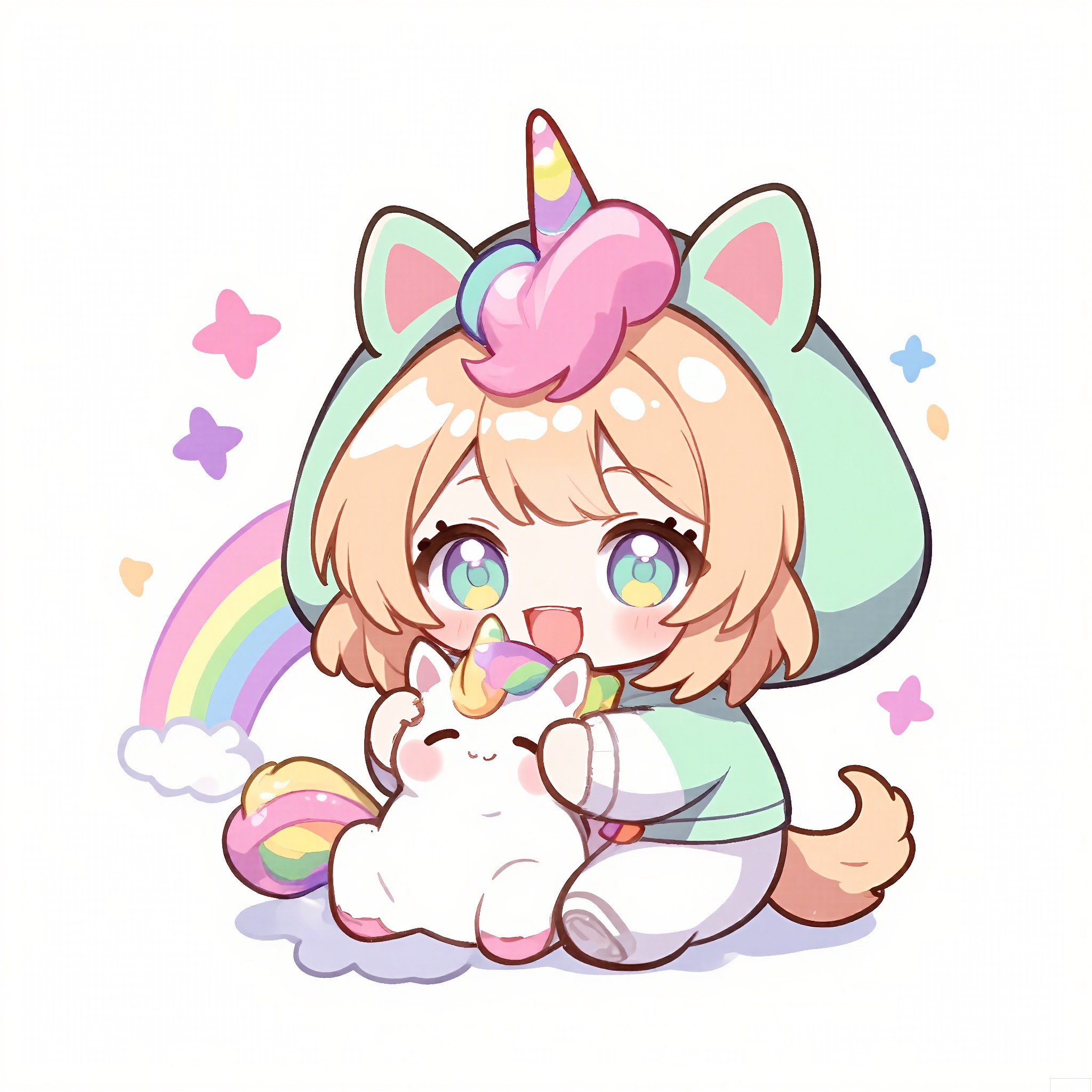 QMXR, 
This cute chibi girl has short, peach-fuzzy hair, wearing a light-green hoodie with white sleeves and a pink unicorn horn on the hood. She holds a small, rainbow-colored stuffed unicorn, her eyes shining with delight. The white background is decorated with soft purple and blue stars.
