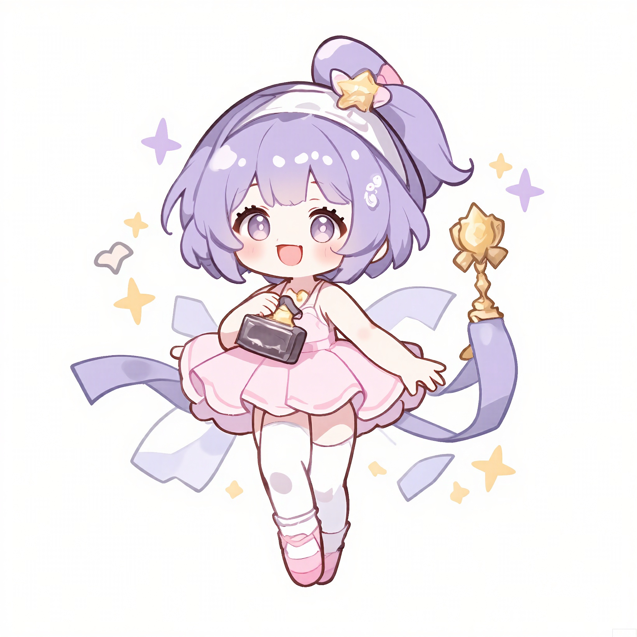 QMXR, 
This cute chibi girl has short, lavender hair with a white headband, wearing a light-pink tutu and a white leotard. She's holding a small, gold trophy, her face glowing with pride. The simple white backdrop is filled with tiny silver stars and ribbons.
