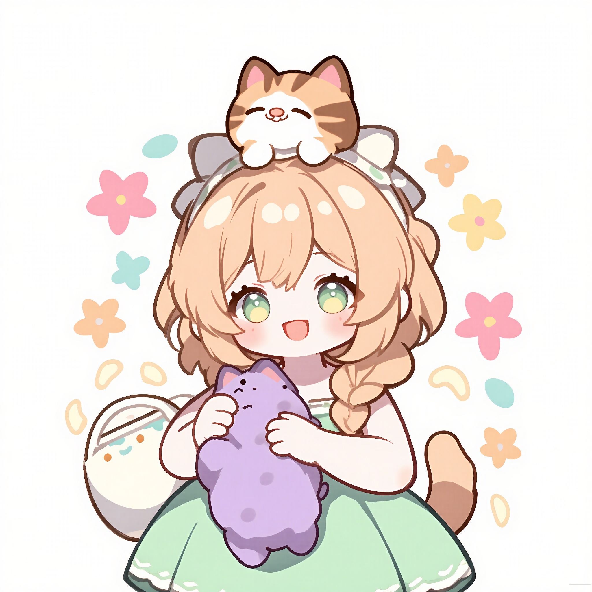 QMXR, 
A delightful chibi character with long, peach-colored hair in a side braid, wearing a mint-green sundress with a white lace collar. They hold a small, purple kitten in their arms, its eyes closed in contentment. The white background is scattered with pastel pink and blue flowers.
