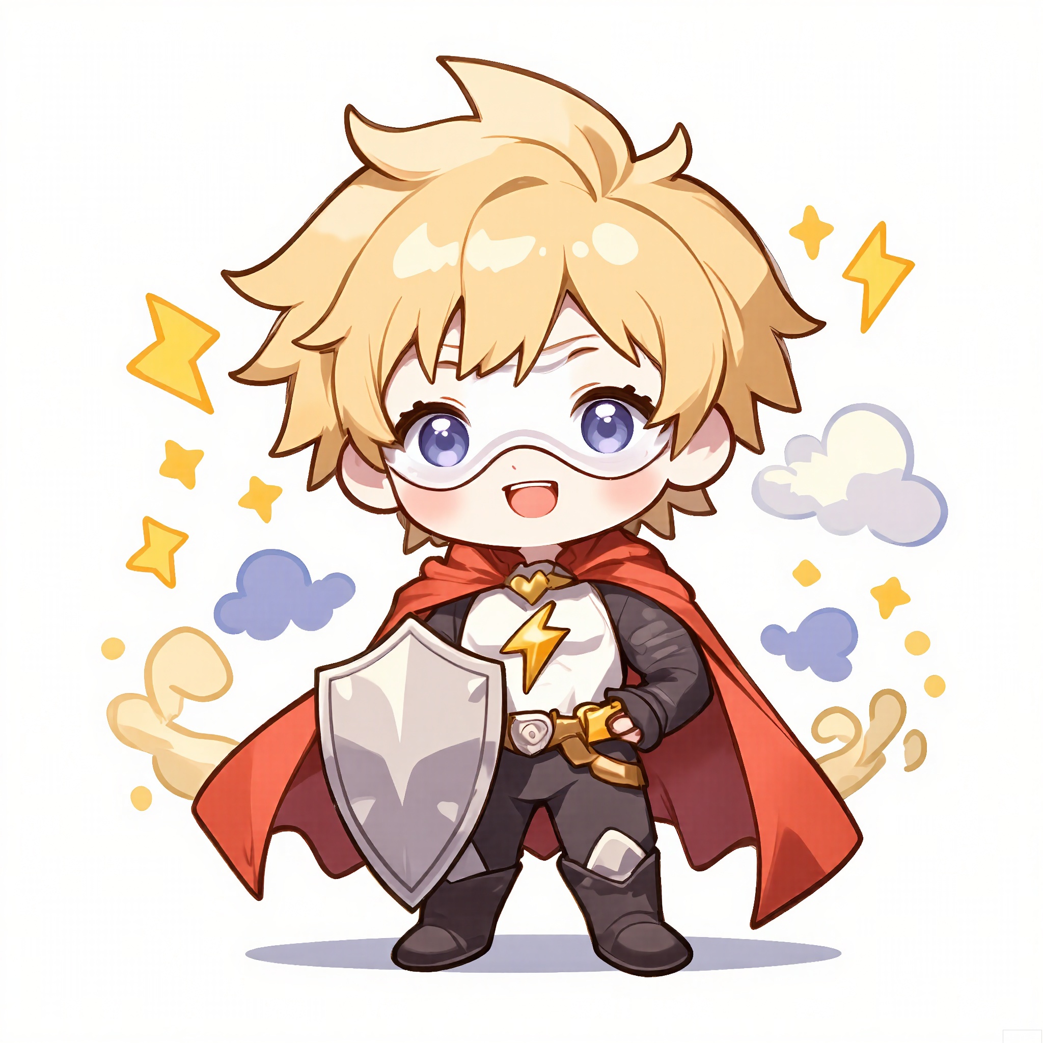 QMXR, 
An endearing chibi boy with fluffy, honey-blond hair, dressed in a bright-red superhero cape and a white mask. He holds a small, silver shield, his chest puffed out with pride. The simple white backdrop is filled with tiny yellow lightning bolts and clouds.
