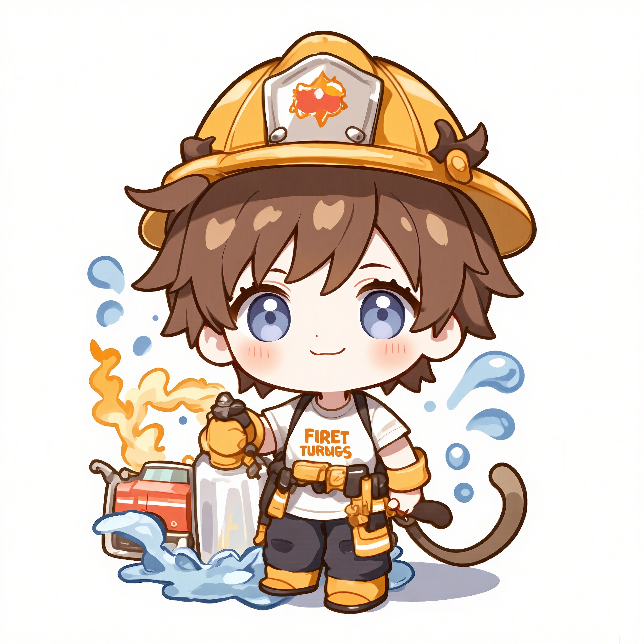 QMXR, 
An endearing chibi boy with curly, chocolate-brown hair, dressed in a bright-orange firefighter hat and a white T-shirt with a red fire truck on it. He holds a small, yellow fire hose, his face determined. The simple white backdrop is filled with tiny blue water droplets and flames.
