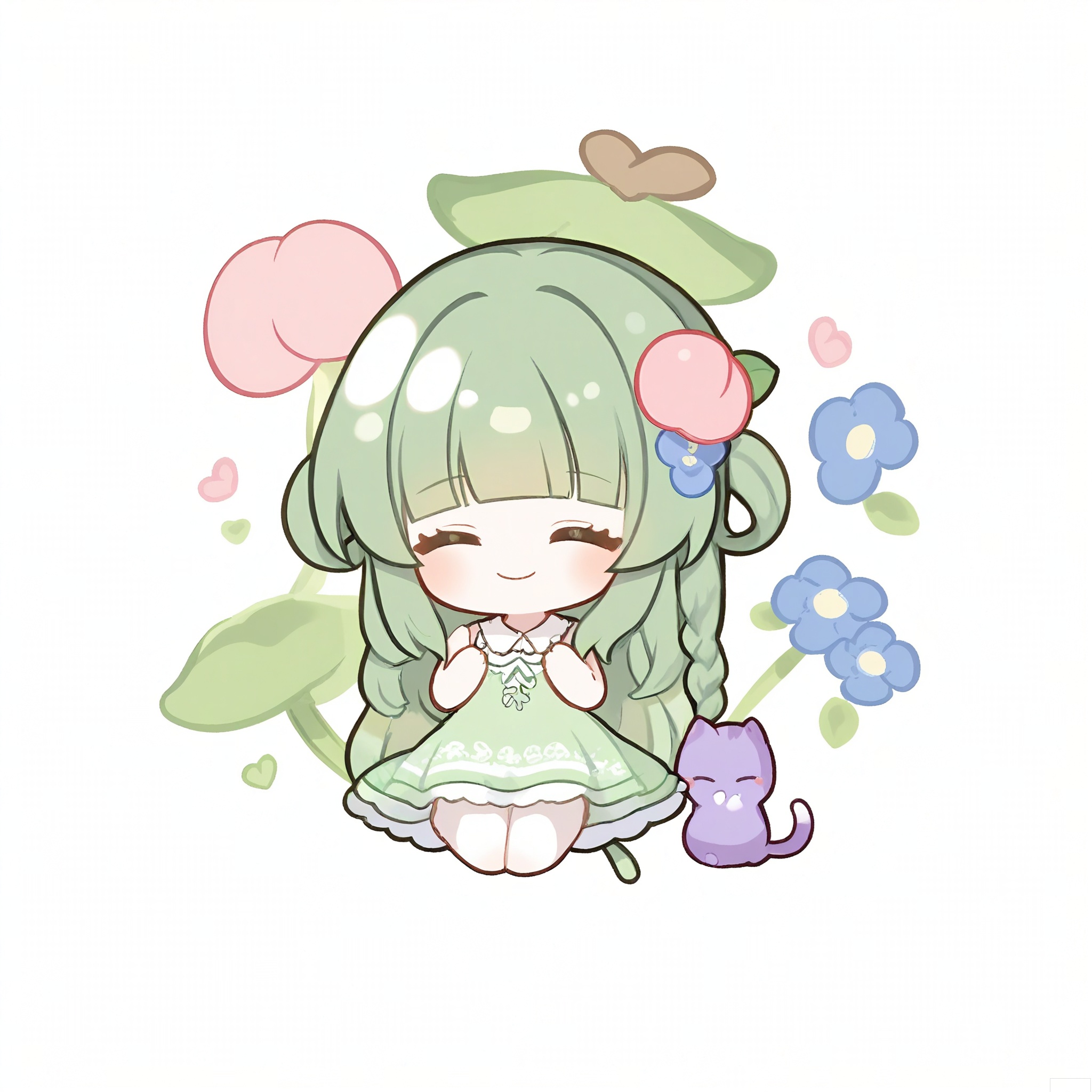 QMXR, A delightful chibi character with long, peach-colored hair in a side braid, wearing a mint-green sundress with a white lace collar. They hold a small, purple kitten in their arms, its eyes closed in contentment. The white background is scattered with pastel pink and blue flowers.
