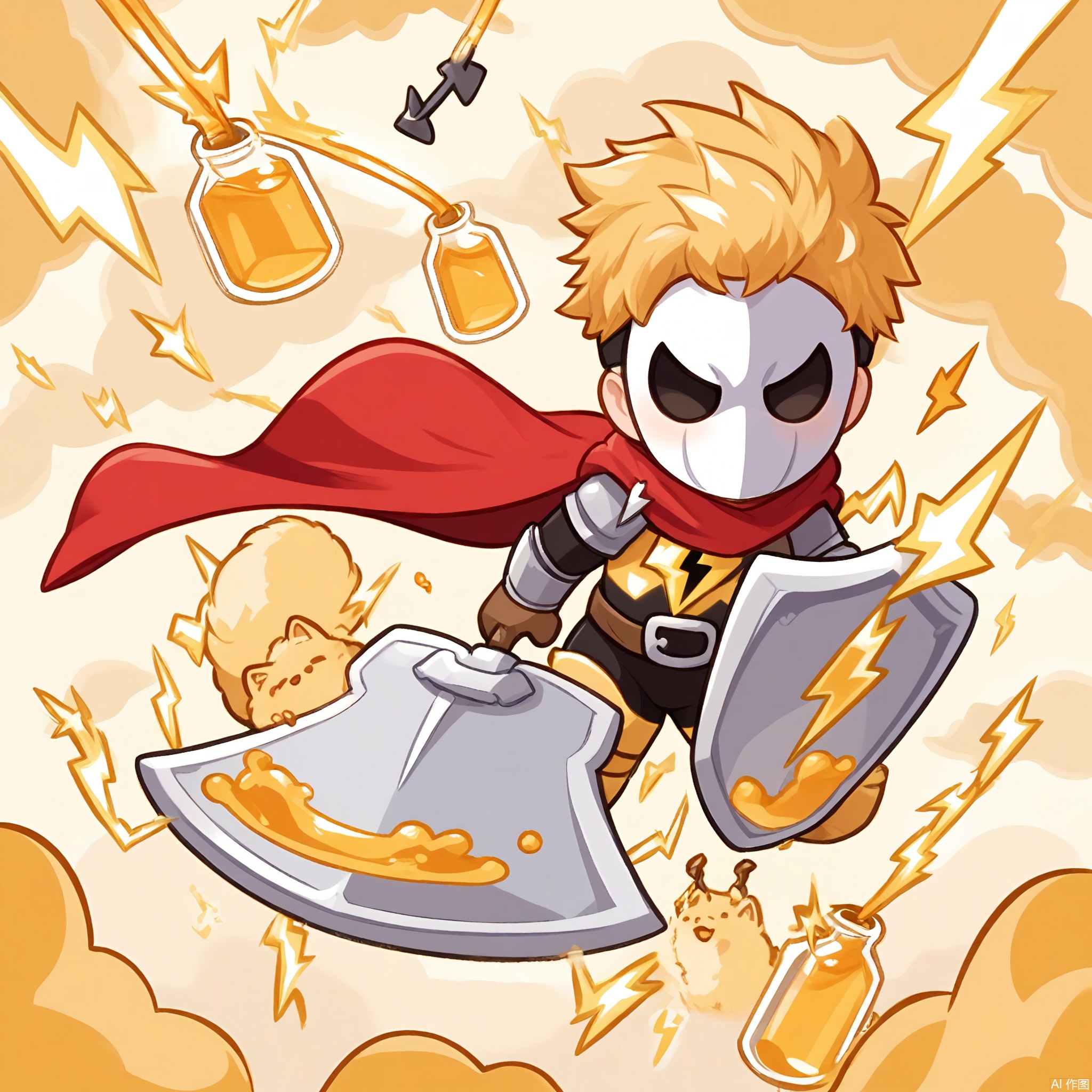 QMXR, An endearing chibi boy with fluffy, honey-blond hair, dressed in a bright-red superhero cape and a white mask. He holds a small, silver shield, his chest puffed out with pride. The simple white backdrop is filled with tiny yellow lightning bolts and clouds.
