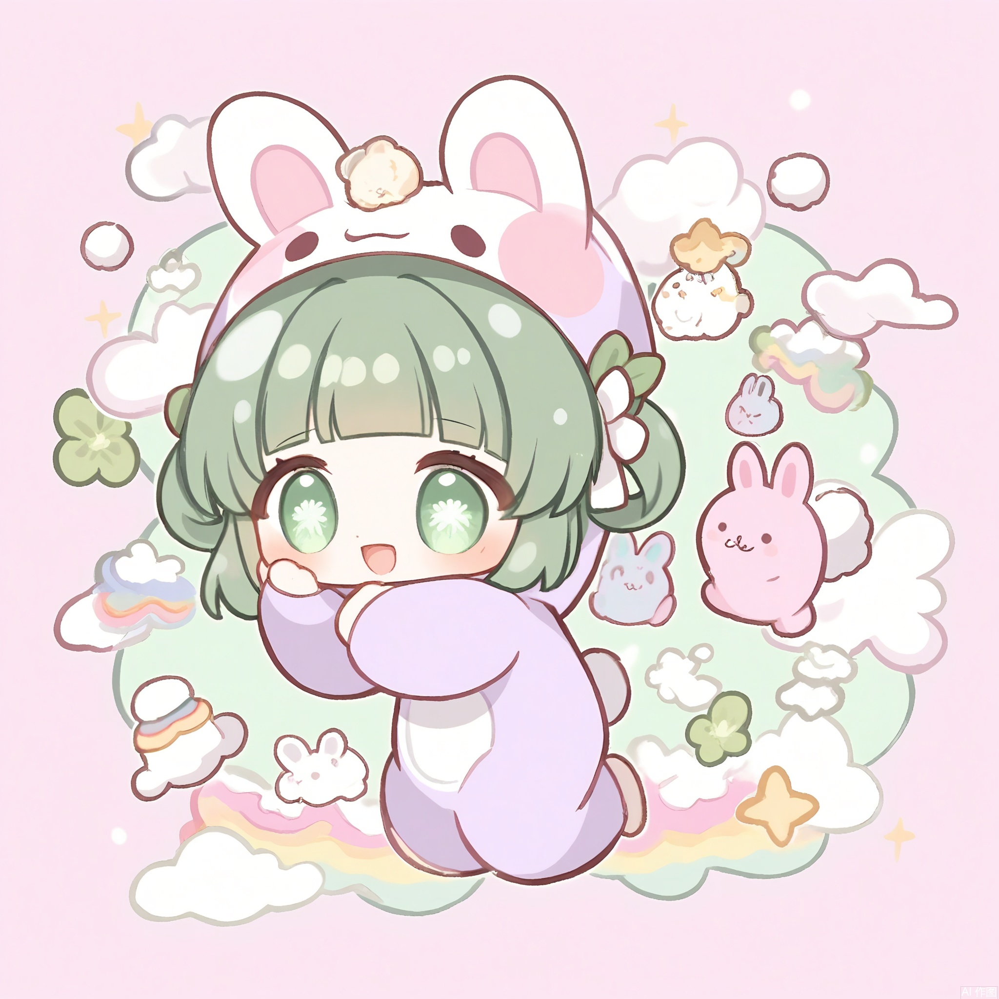 QMXR, This cute chibi girl has short, mint-green hair with a white bow, wearing a light-purple onesie with white polka dots. She holds a small, pink bunny plushie, her face full of happiness. The plain white backdrop is filled with tiny pastel rainbows and clouds.
