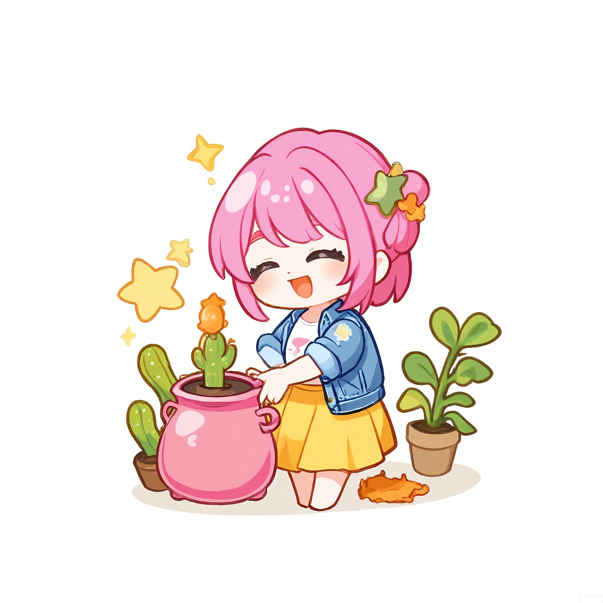 QMXR, This cute chibi girl has short, bubblegum-pink hair, wearing a light-blue denim jacket over a white T-shirt and a yellow skirt. She holds a small, green cactus plant in a pot, a big smile on her face. The white background is decorated with soft orange cactus flowers and stars.
