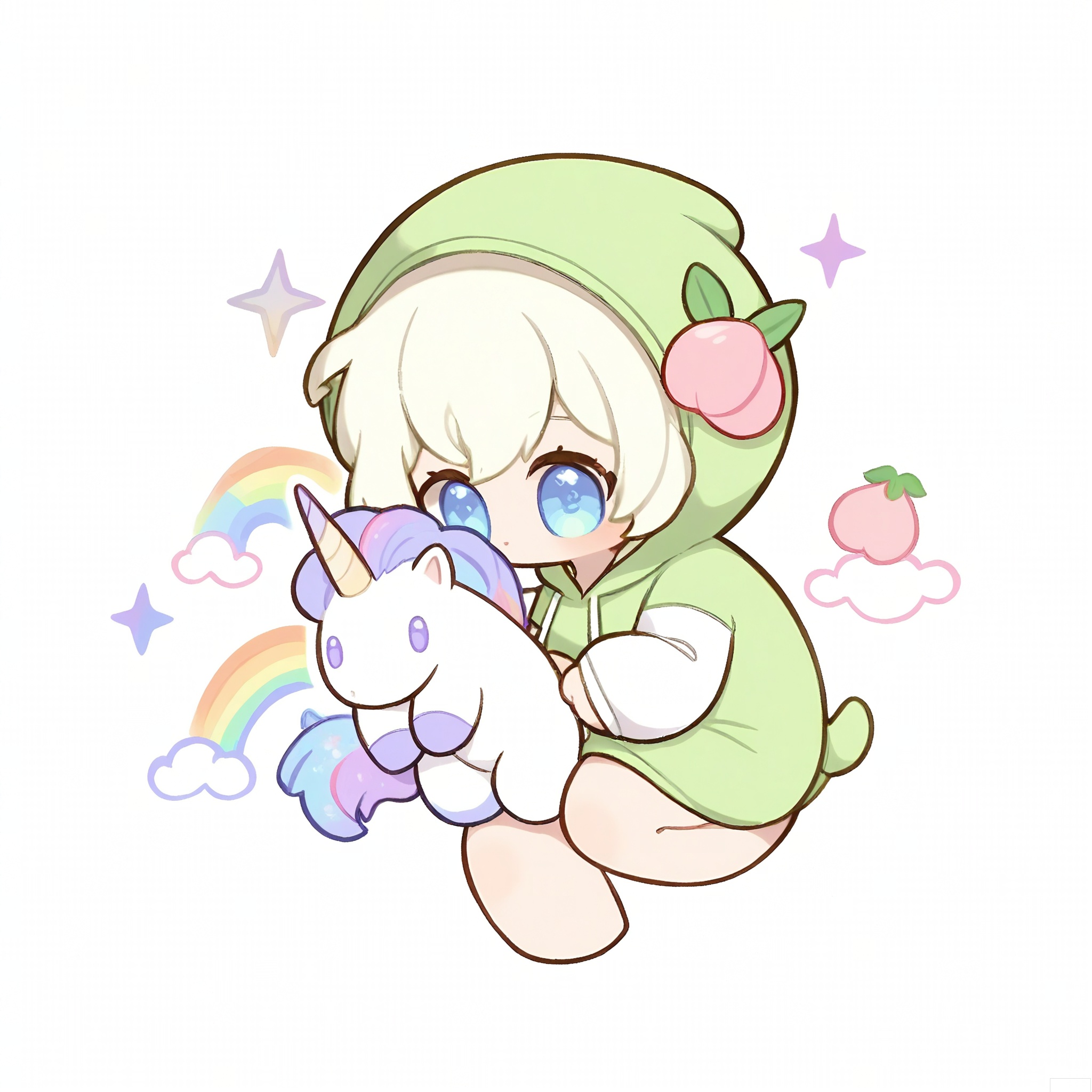 QMXR, This cute chibi girl has short, peach-fuzzy hair, wearing a light-green hoodie with white sleeves and a pink unicorn horn on the hood. She holds a small, rainbow-colored stuffed unicorn, her eyes shining with delight. The white background is decorated with soft purple and blue stars.
