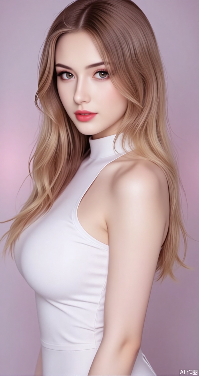 lvjing,baoshi,meinv,large breasts,long hair,brown hair,blonde hair,brown eyes,lips,red lips,turtleneck,1girl,breasts,solo,dress,long hair,white dress,large breasts,sideboob,brown hair,sleeveless,bare shoulders,from side,sleeveless dress,standing,bare arms,8,cover,gradient background,close-up details,outstanding style,adding a touch of dimension to your images without compromising details,close-up,