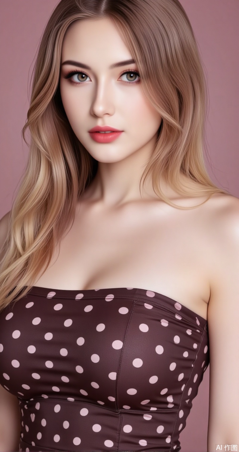 lvjing,baoshi,meinv,large breasts,long hair,brown hair,blonde hair,brown eyes,lips,red lips,turtleneck, 1girl,breasts,polka dot,solo,large breasts,polka dot dress,taut clothes,bare shoulders,collarbone,sleeveless,dress,breast focus,upper body,lips,covered collarbone,39, cover,simple background,gradient background,close-up details,outstanding style,adding a touch of dimension to your images without compromising details,close-up,
