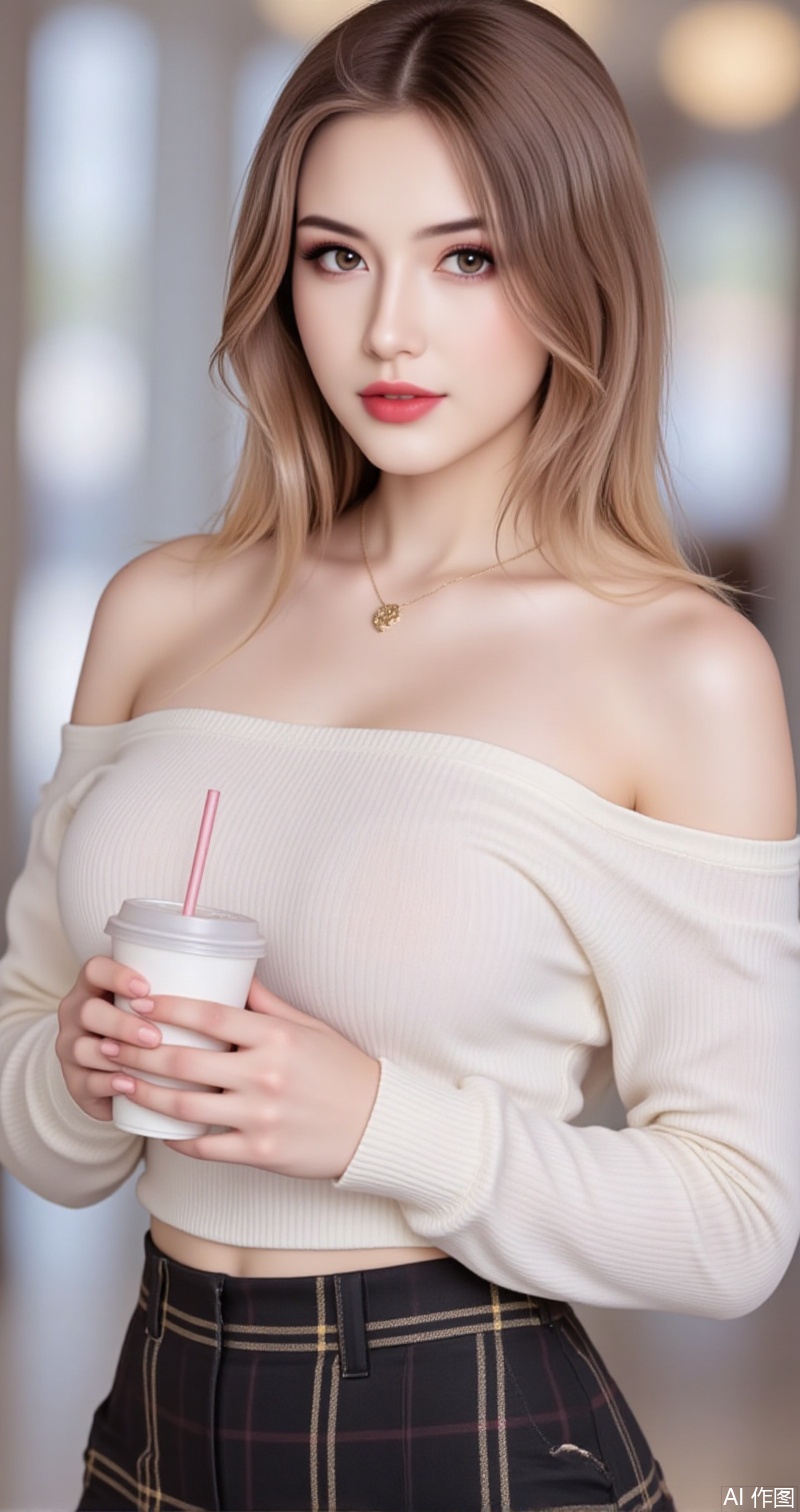 lvjing,baoshi,meinv,large breasts,long hair,brown hair,blonde hair,brown eyes,lips,red lips,turtleneck, 1girl,solo,skirt,off shoulder,off-shoulder sweater,jewelry,white sweater,necklace,cup,bare shoulders,holding,sweater,disposable cup,breasts,black skirt,plaid skirt,collarbone,plaid,blurry background,crop top,holding cup,blurry,midriff,long sleeves,large breasts,63, cover,simple background,gradient background,close-up details,outstanding style,adding a touch of dimension to your images without compromising details,close-up,