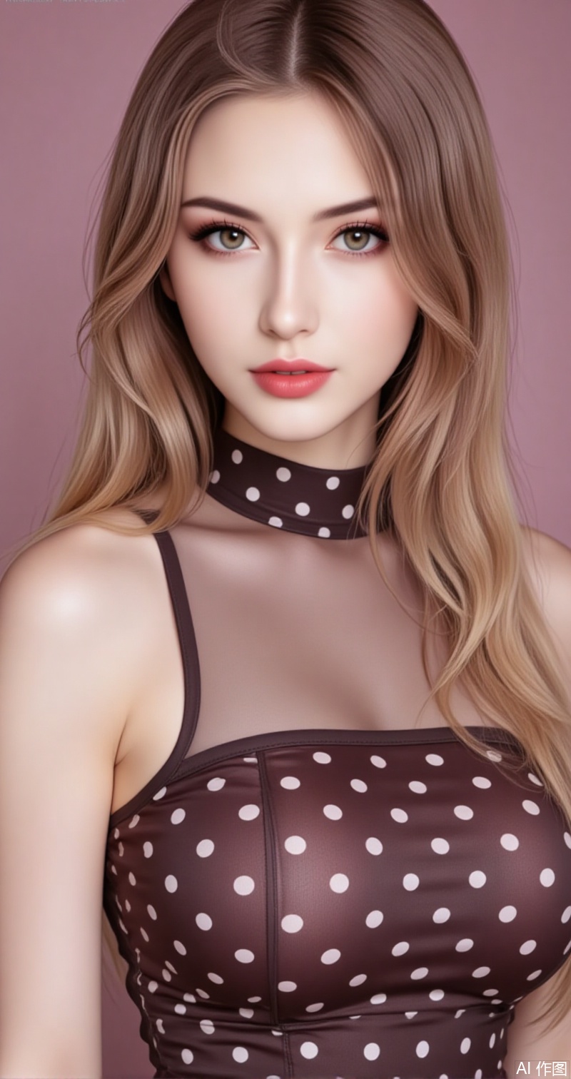 lvjing,baoshi,meinv,large breasts,long hair,brown hair,blonde hair,brown eyes,lips,red lips,turtleneck, 1girl,breasts,polka dot,solo,large breasts,polka dot dress,taut clothes,bare shoulders,collarbone,sleeveless,dress,breast focus,upper body,lips,covered collarbone,39, cover,simple background,gradient background,close-up details,outstanding style,adding a touch of dimension to your images without compromising details,close-up,
