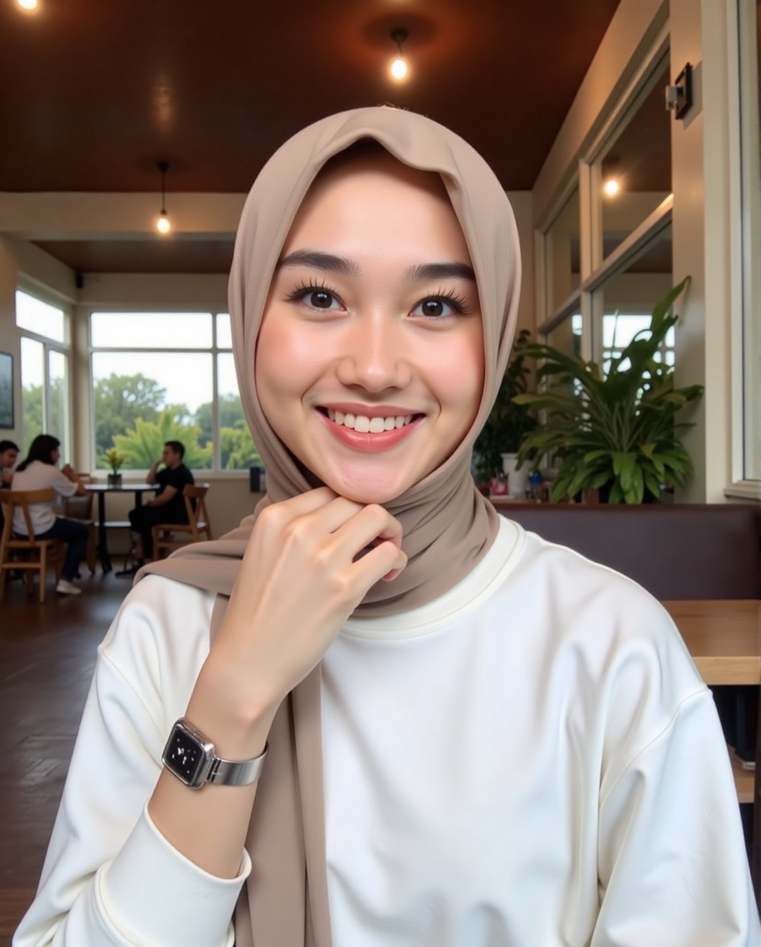 Closeup shot of a woman wearing a cream-colored hijab and a white long-sleeve top,  inside a cozy cafe. She has simple,  e...