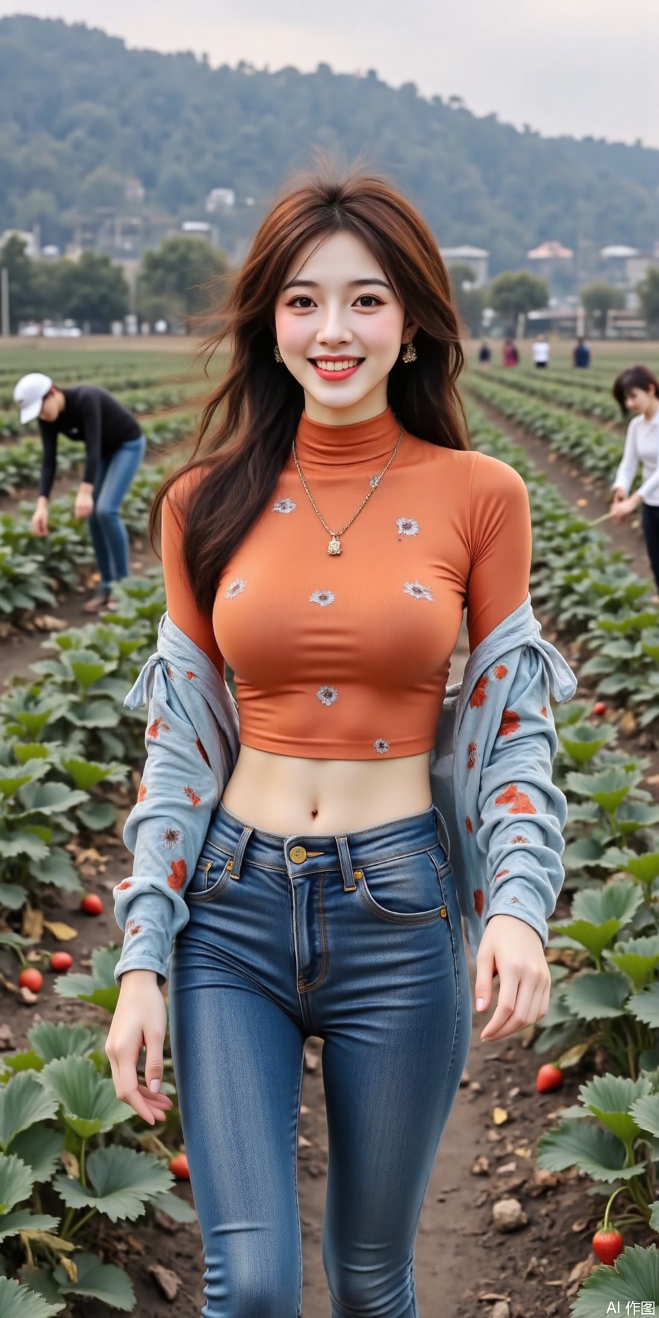 1 young woman, smiling brightly, short - sleeved top with patterns, short printed jacket, jeans, brightly - colored clothes, well - fitting, graceful figure, strawberry field, full of strawberries, farmers working, natural and rustic rural scene, the woman integrated with the scenery, urban fashion sense and rural leisurely atmosphere, vivid colors, detailed environment, sharp focus, high definition, realistic style, beautiful composition, best quality,masterpiece