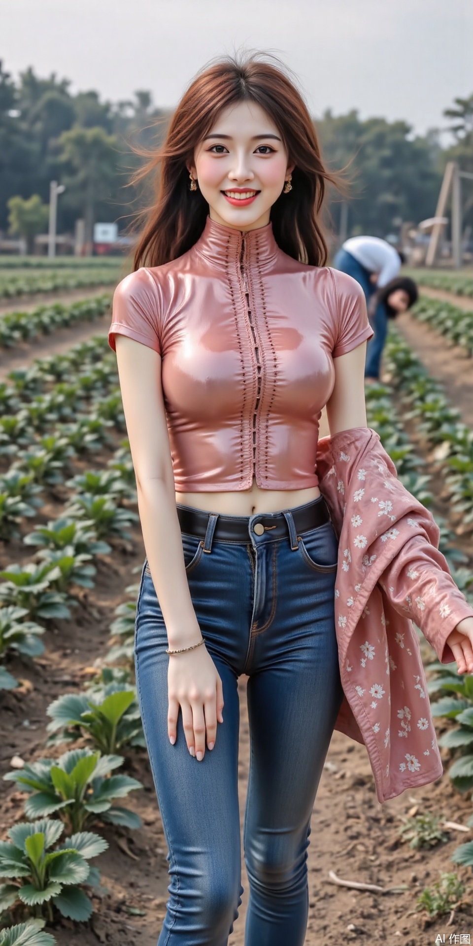 1 young woman, smiling brightly, short - sleeved top with patterns, short printed jacket, jeans, brightly - colored clothes, well - fitting, graceful figure, strawberry field, full of strawberries, farmers working, natural and rustic rural scene, the woman integrated with the scenery, urban fashion sense and rural leisurely atmosphere, vivid colors, detailed environment, sharp focus, high definition, realistic style, beautiful composition, best quality,masterpiece