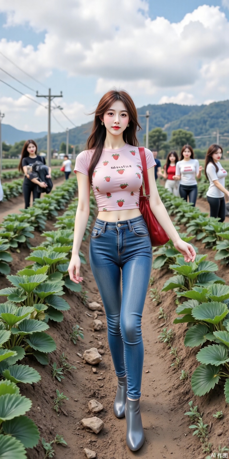 1 young woman, smiling brightly, short - sleeved top with patterns, short printed jacket, jeans, brightly - colored clothes, well - fitting, graceful figure, strawberry field, full of strawberries, farmers working, natural and rustic rural scene, the woman integrated with the scenery, urban fashion sense and rural leisurely atmosphere, vivid colors, detailed environment, sharp focus, high definition, realistic style, beautiful composition, best quality,masterpiece