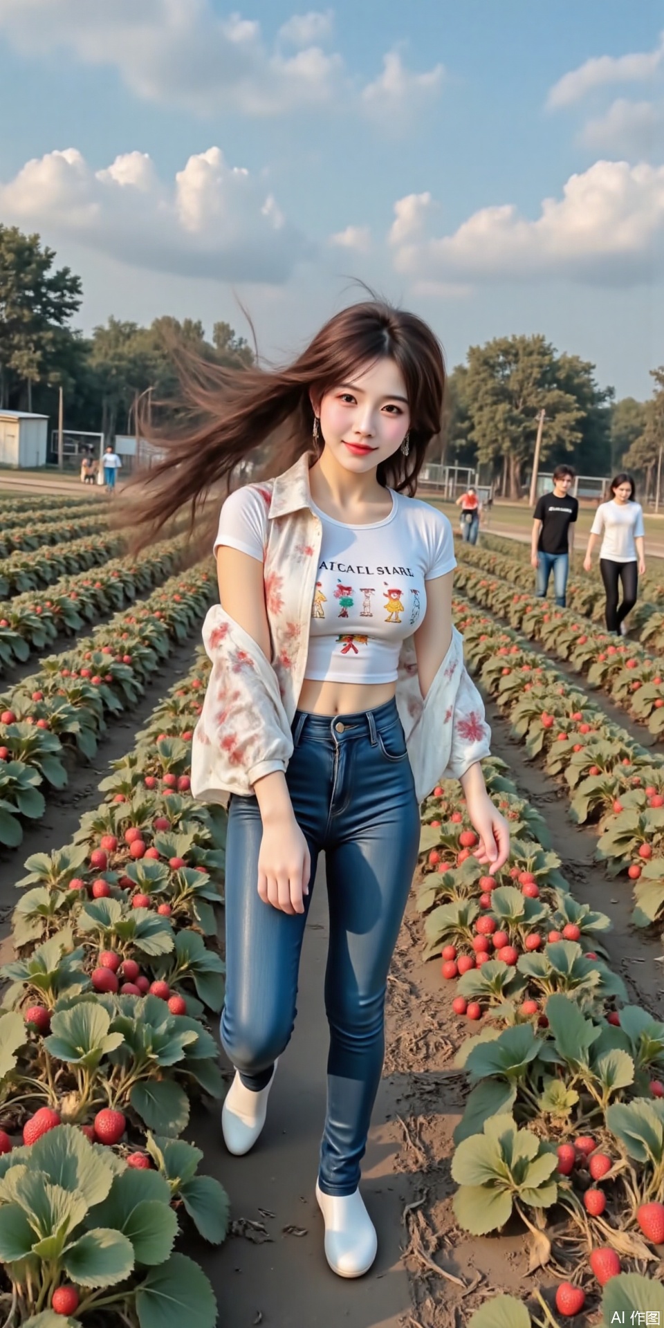 1 young woman, smiling brightly, short - sleeved top with patterns, short printed jacket, jeans, brightly - colored clothes, well - fitting, graceful figure, strawberry field, full of strawberries, farmers working, natural and rustic rural scene, the woman integrated with the scenery, urban fashion sense and rural leisurely atmosphere, vivid colors, detailed environment, sharp focus, high definition, realistic style, beautiful composition, best quality,masterpiece
