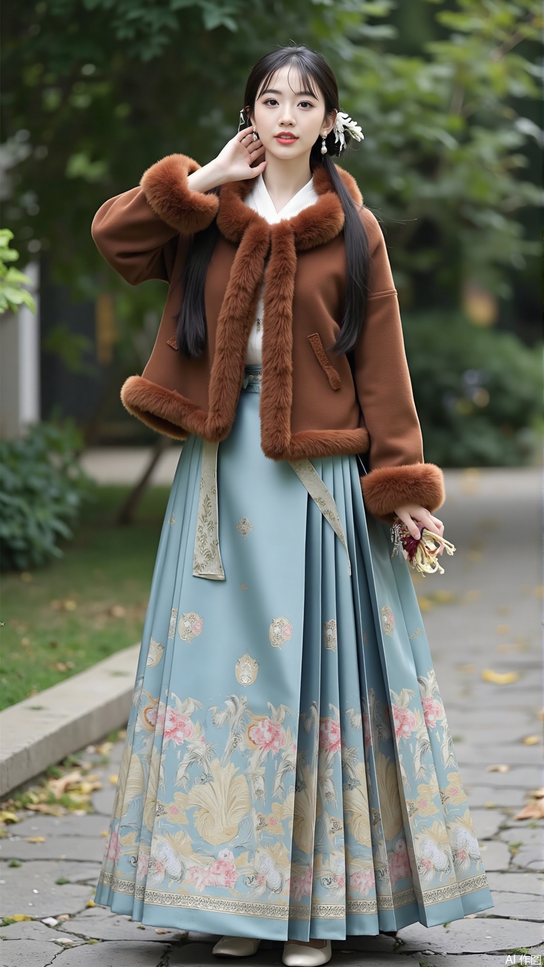 a person dressed in traditional attire, standing outdoors. The outfit features a long, flowing skirt with intricate floral embroidery and a fur-trimmed coat. The person is posing with one hand touching their face and the other holding a decorative item. The background includes greenery and a stone pathway, suggesting a serene, garden-like setting. The overall aesthetic is elegant and traditional, with a focus on detailed craftsmanship in both the clothing and accessories.