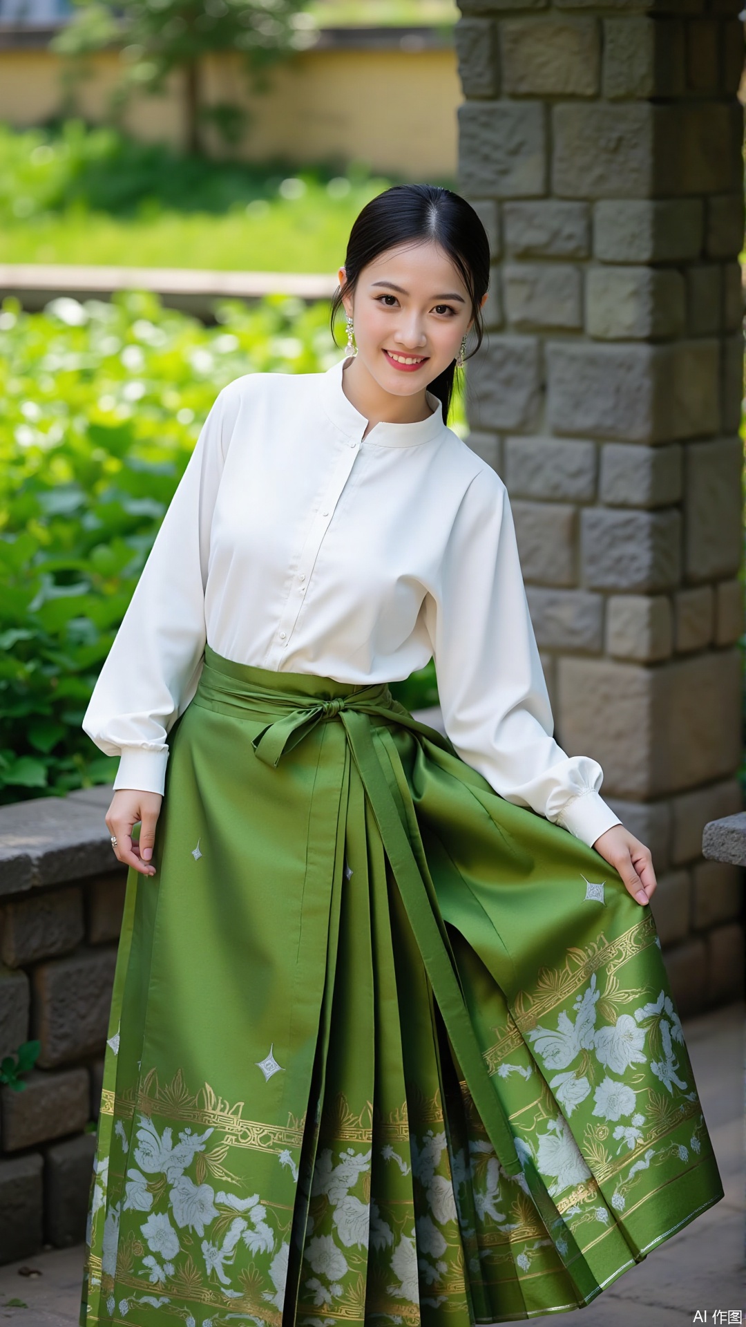 a person standing outdoors, dressed in a traditional outfit. The person is wearing a white blouse with long sleeves and a green skirt adorned with white floral and golden patterns. The background features lush greenery and a stone structure, suggesting a serene, natural setting. The person is holding the edge of the skirt with one hand, and their hair is neatly tied back.