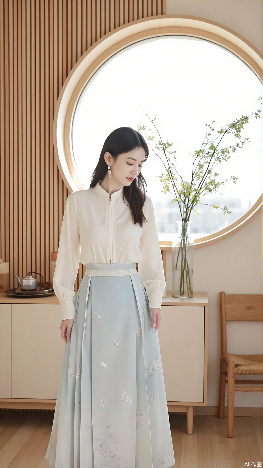 a person standing in a room with a serene and elegant atmosphere. The room features a large round window with wooden slats, allowing natural light to filter in. The person is dressed in a sophisticated outfit consisting of a cream-colored blouse with long sleeves and a light blue skirt adorned with delicate floral patterns. The room is decorated with minimalistic furniture, including a wooden chair and a low cabinet with a teapot and other items on top. A potted plant is also visible, adding a touch of greenery to the space. The overall ambiance of the room is calm and inviting, with a blend of traditional and modern elements.
