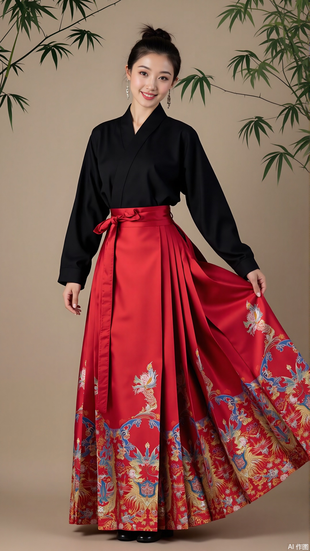 a person wearing a traditional East Asian-style outfit. The top part of the outfit is black and has a simple, elegant design, while the bottom part is a vibrant red skirt with intricate patterns, including floral and dragon motifs. The skirt is pleated and flows out, giving it a graceful appearance. The person is standing against a background that features bamboo leaves, adding a natural and serene touch to the overall composition. The outfit and the setting suggest a cultural or traditional theme, possibly inspired by East Asian fashion.