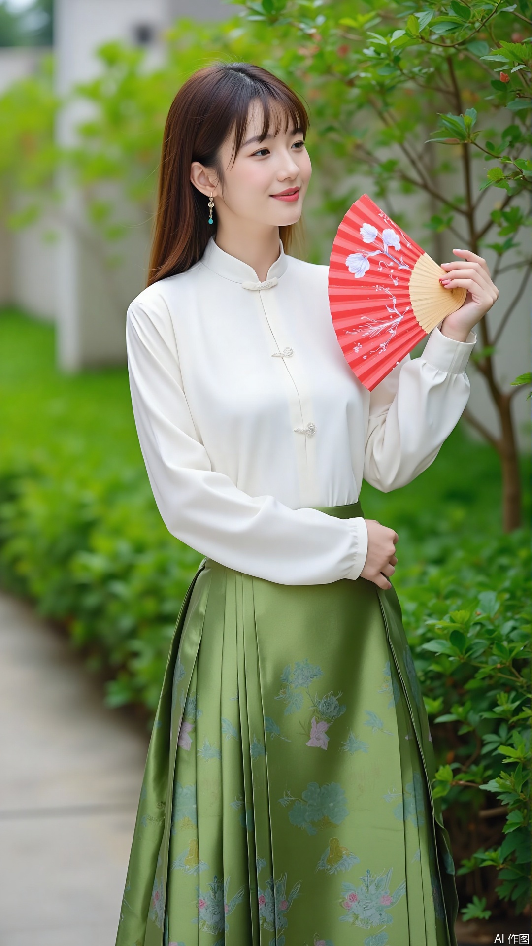 a person standing outdoors, dressed in traditional attire. They are wearing a white blouse with a mandarin collar and a long, green skirt adorned with floral patterns. The person is holding a red folding fan decorated with white flowers. The background features lush greenery, suggesting a garden or park setting. The overall scene has a serene and traditional aesthetic.