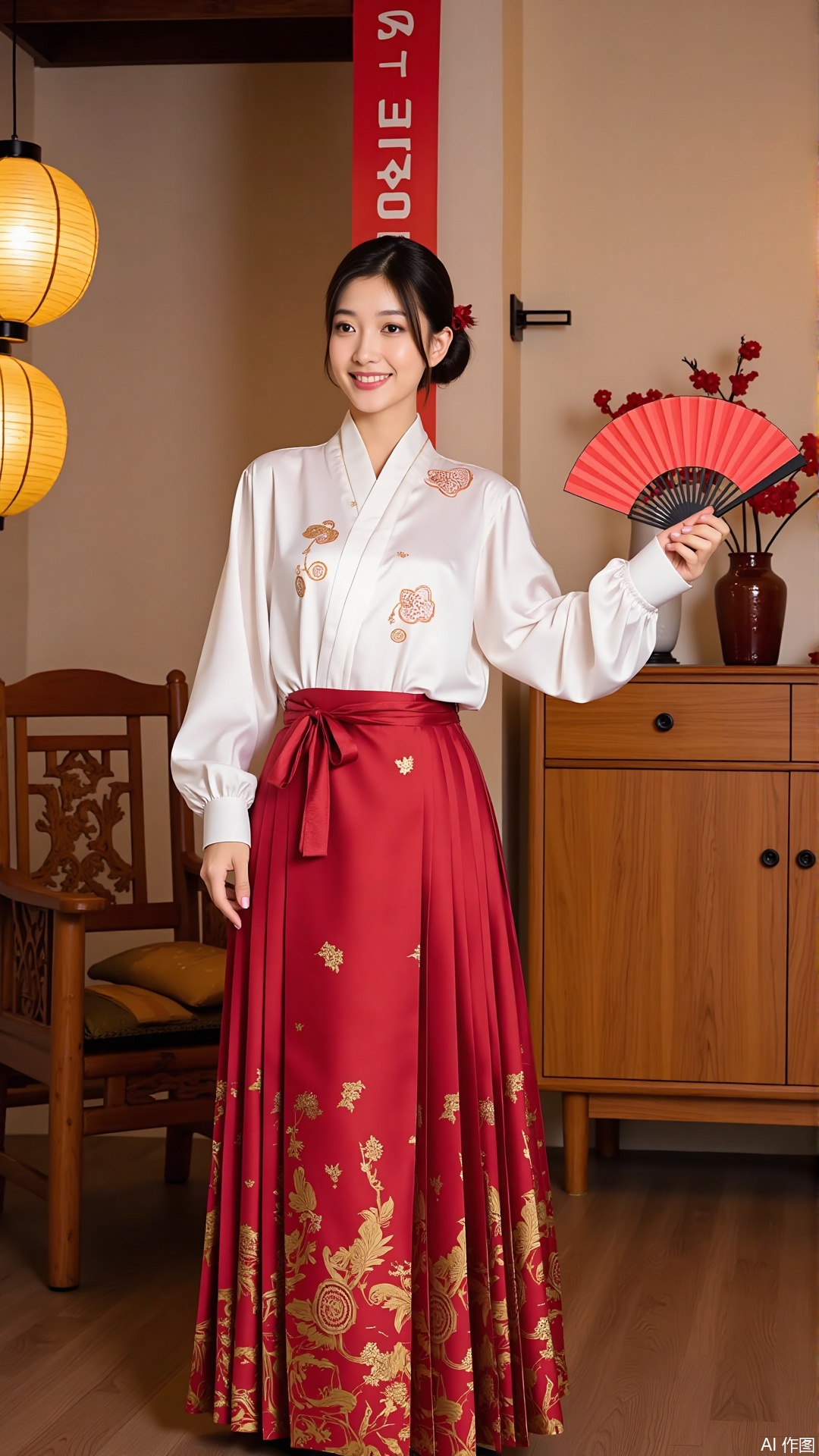 a person dressed in traditional attire, standing in a room that has a traditional Asian aesthetic. The person is wearing a white blouse with intricate designs and a long, red skirt with gold patterns. They are holding a traditional Japanese fan. The room is decorated with wooden furniture, paper lanterns, and a vase with red flowers. There is a "福" (fortune) sign in the background, which is a common symbol in Chinese culture, often used during celebrations and festivals. The overall atmosphere is festive and traditional.