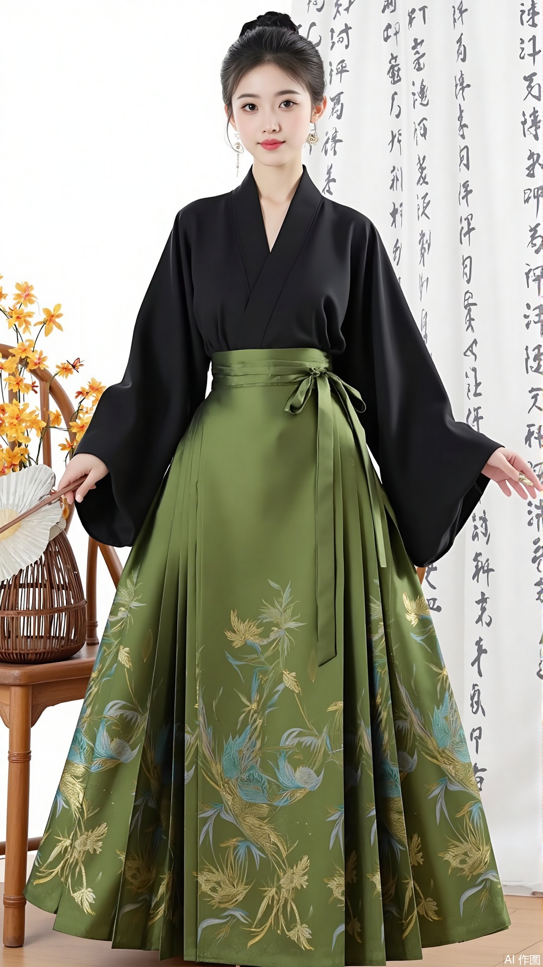 a person dressed in traditional East Asian attire, specifically a hanfu. The outfit consists of a black top with wide sleeves and a green skirt adorned with intricate embroidery of bamboo and dragon motifs. The person is holding a folding fan, and there is a wooden chair with a vase containing artificial butterflies placed nearby. The background features a curtain with calligraphy, adding to the traditional aesthetic.