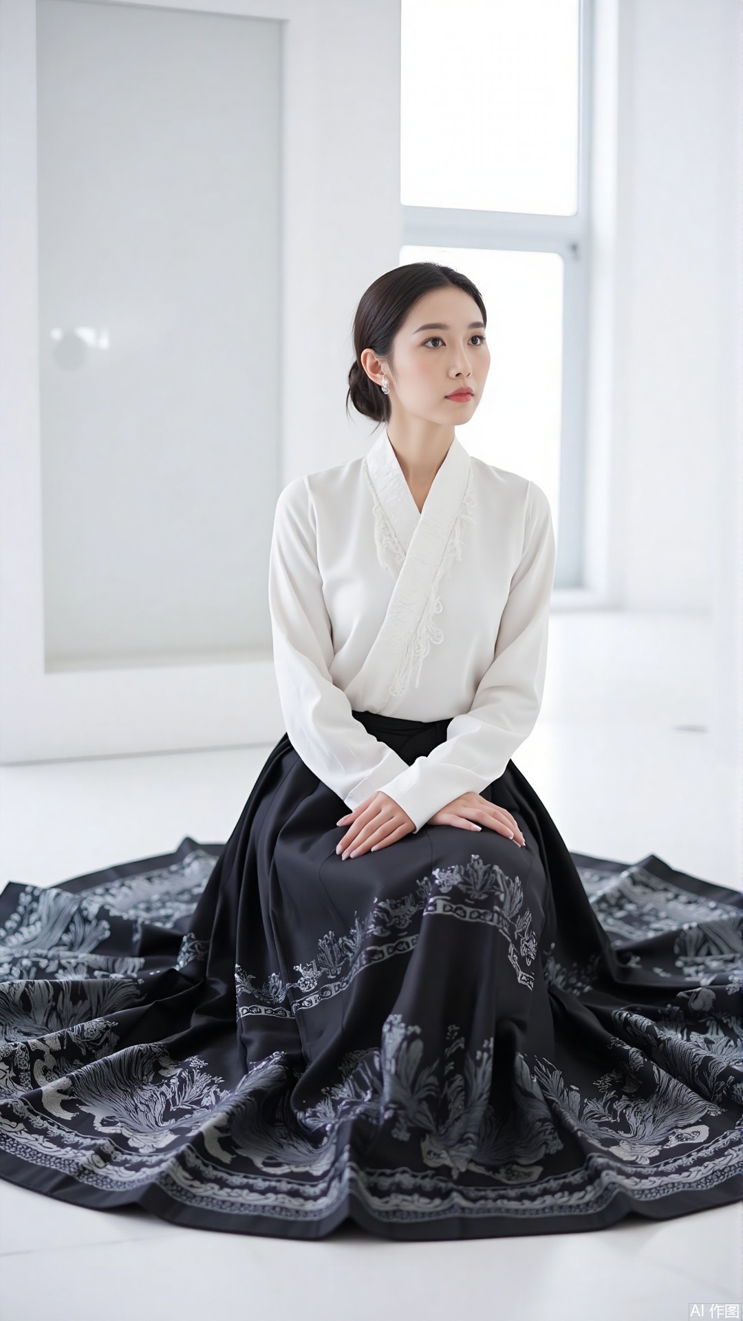 a person sitting on the floor, wearing a traditional outfit that includes a white blouse and a black skirt with intricate patterns. The person is positioned in a way that their hands are resting on their knees, and they are looking up slightly. The background appears to be a modern, minimalistic room with white walls and a large window. The overall setting gives a sense of elegance and cultural heritage.