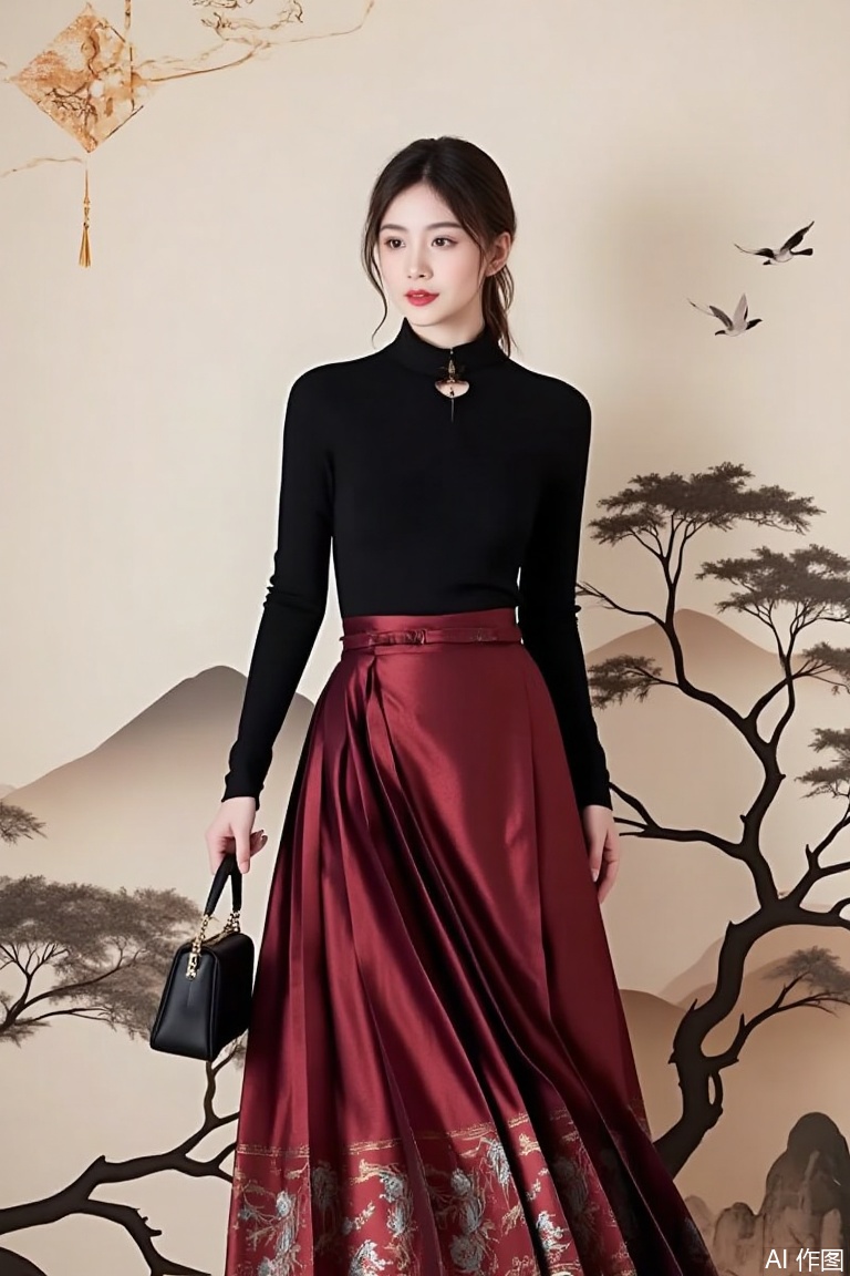 a person standing in front of a traditional Asian-style wallpaper that features a serene landscape with mountains, trees, and birds. The person is dressed in a sophisticated outfit consisting of a black long-sleeve top and a flowing, deep red skirt with intricate patterns. They are holding a small black handbag in their right hand. The background wallpaper adds a sense of tranquility and cultural richness, enhancing the overall aesthetic of the scene.