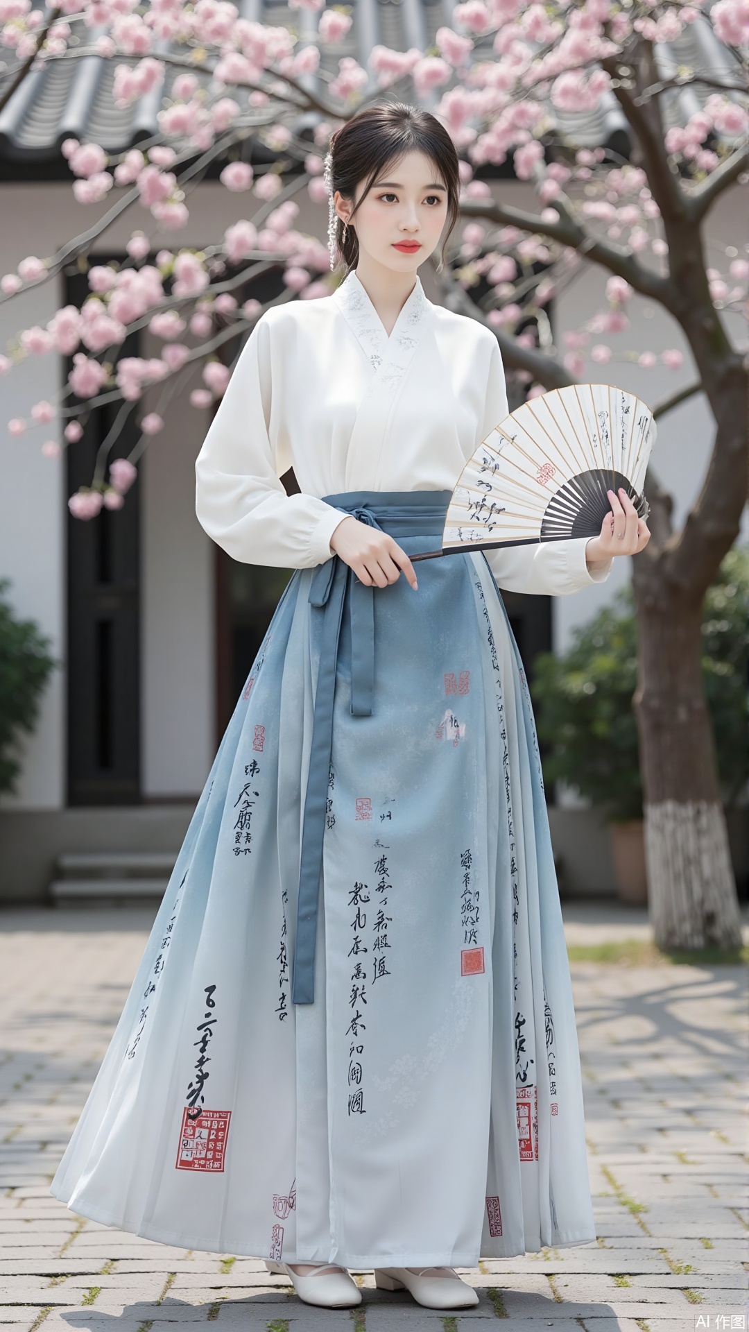 a person dressed in traditional East Asian attire, specifically a hanfu. The outfit consists of a white top with buttons and a long, flowing skirt that features intricate designs and calligraphy. The person is holding a traditional Japanese fan, which adds to the cultural theme. The background is decorated with cherry blossoms, which are often associated with spring and renewal in East Asian culture. The setting appears to be a garden or a traditional courtyard, enhancing the serene and elegant atmosphere.